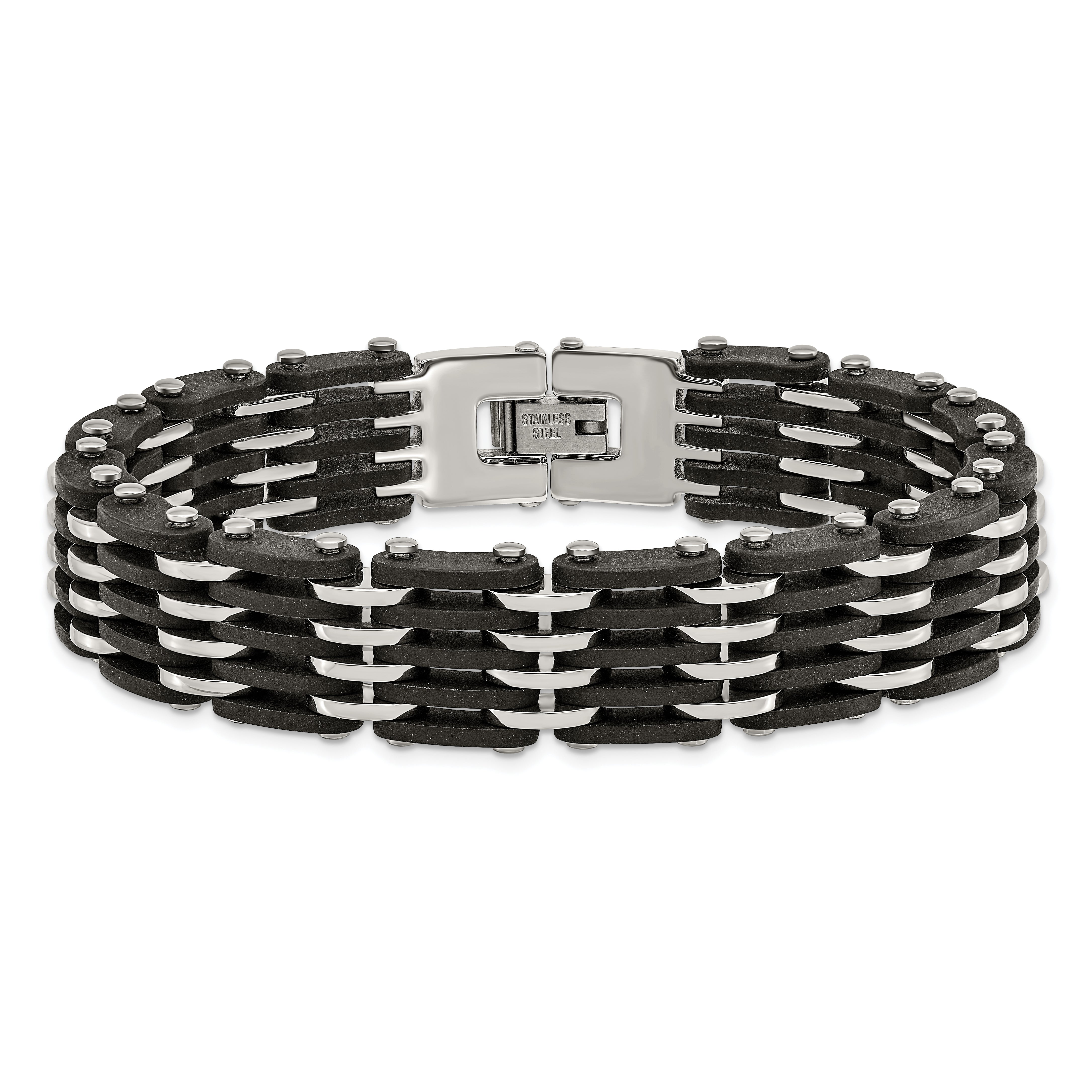 Chisel Stainless Steel Polished with Black Rubber 8.25 inch Link Bracelet