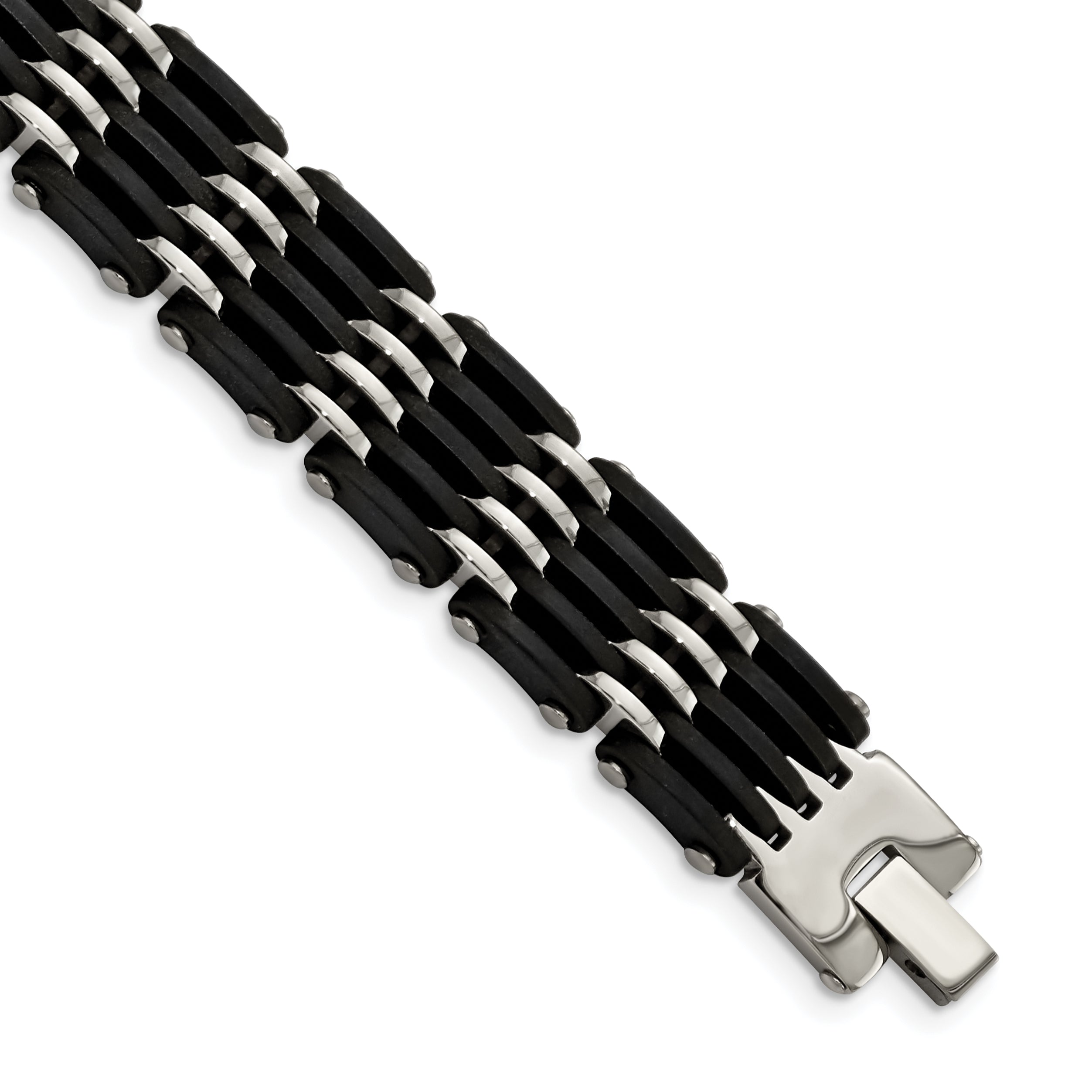 Chisel Stainless Steel Polished with Black Rubber 8.25 inch Link Bracelet