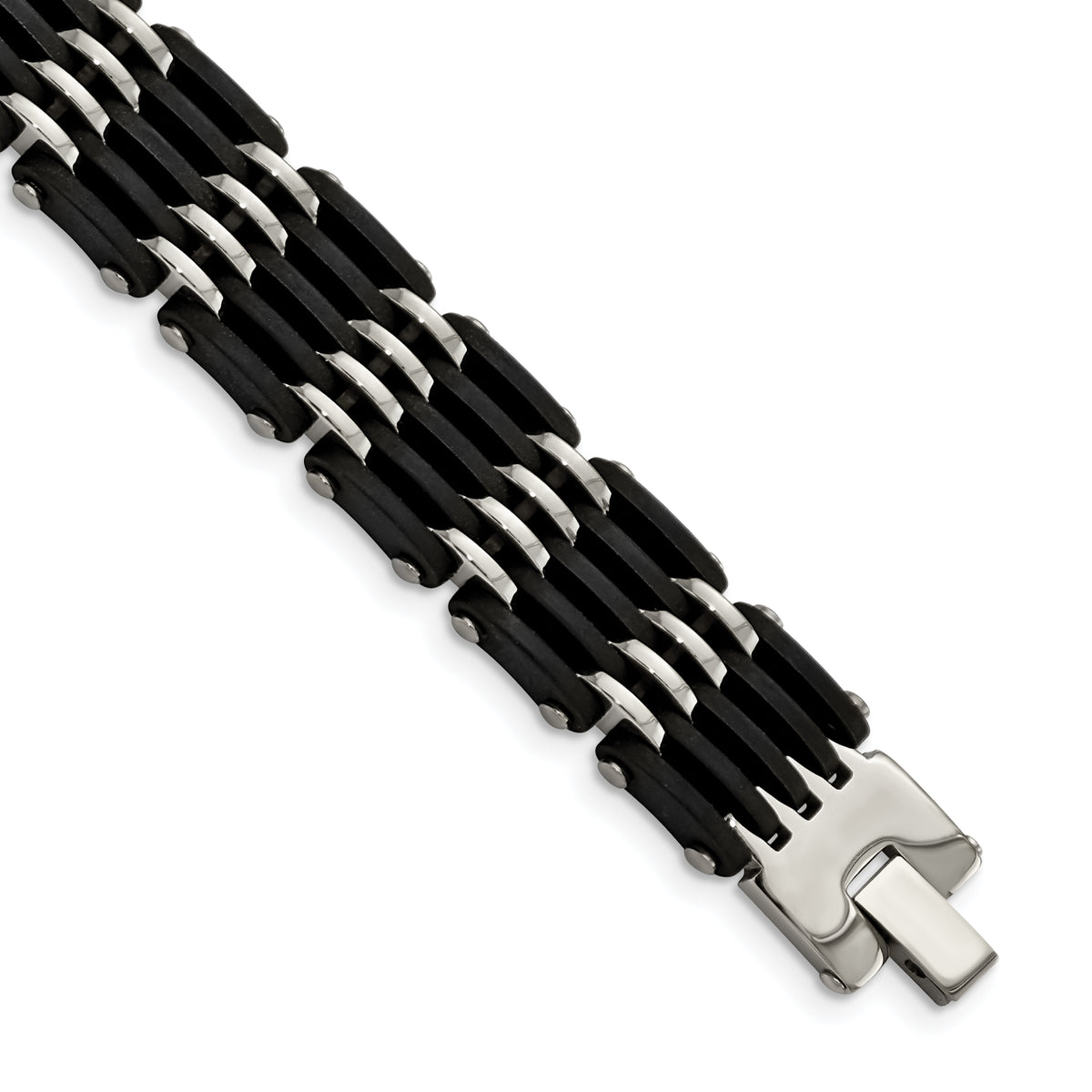 Chisel Stainless Steel Polished with Black Rubber 8.25 inch Link Bracelet