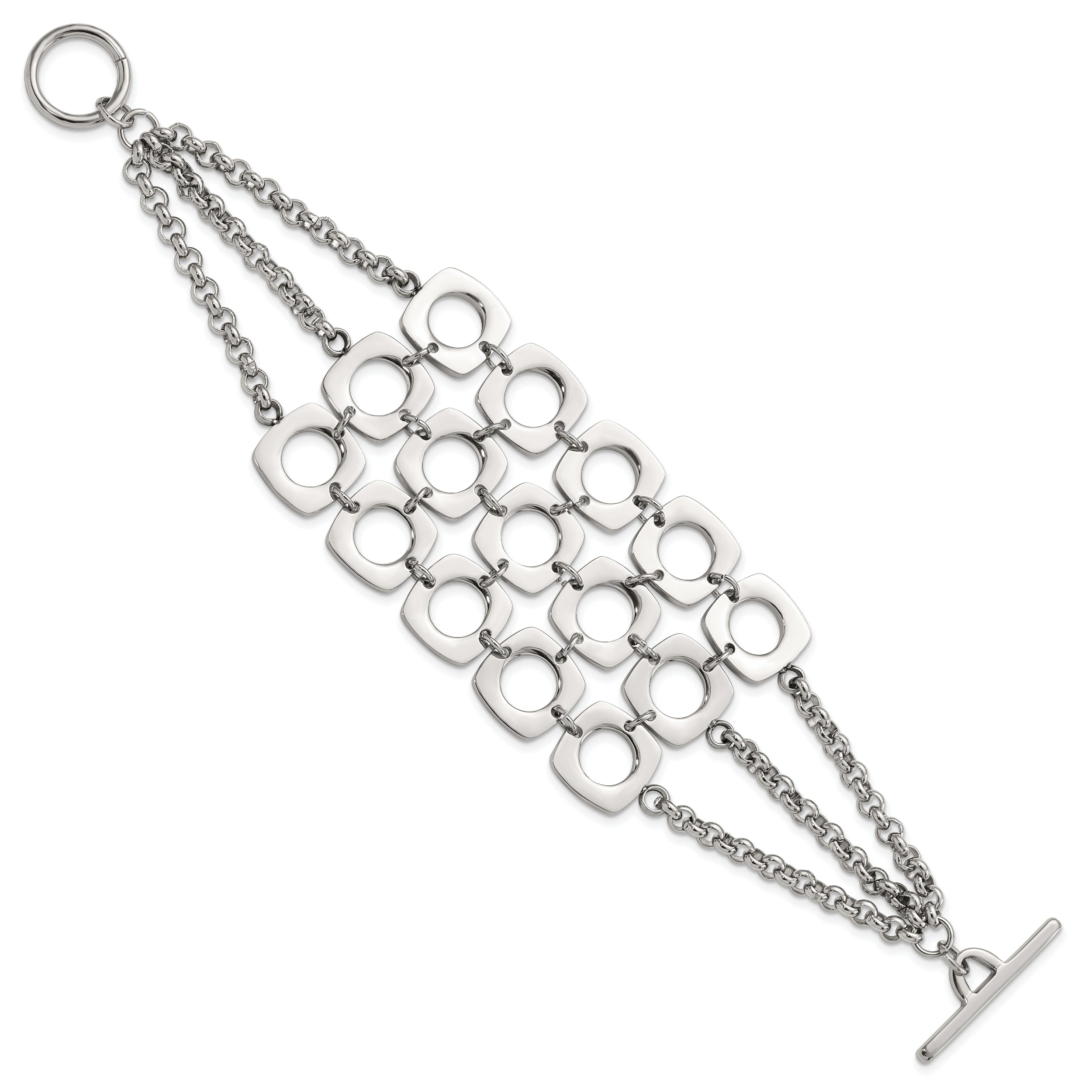 Stainless Steel Polished Fancy Three Strand Square Toggle Bracelet