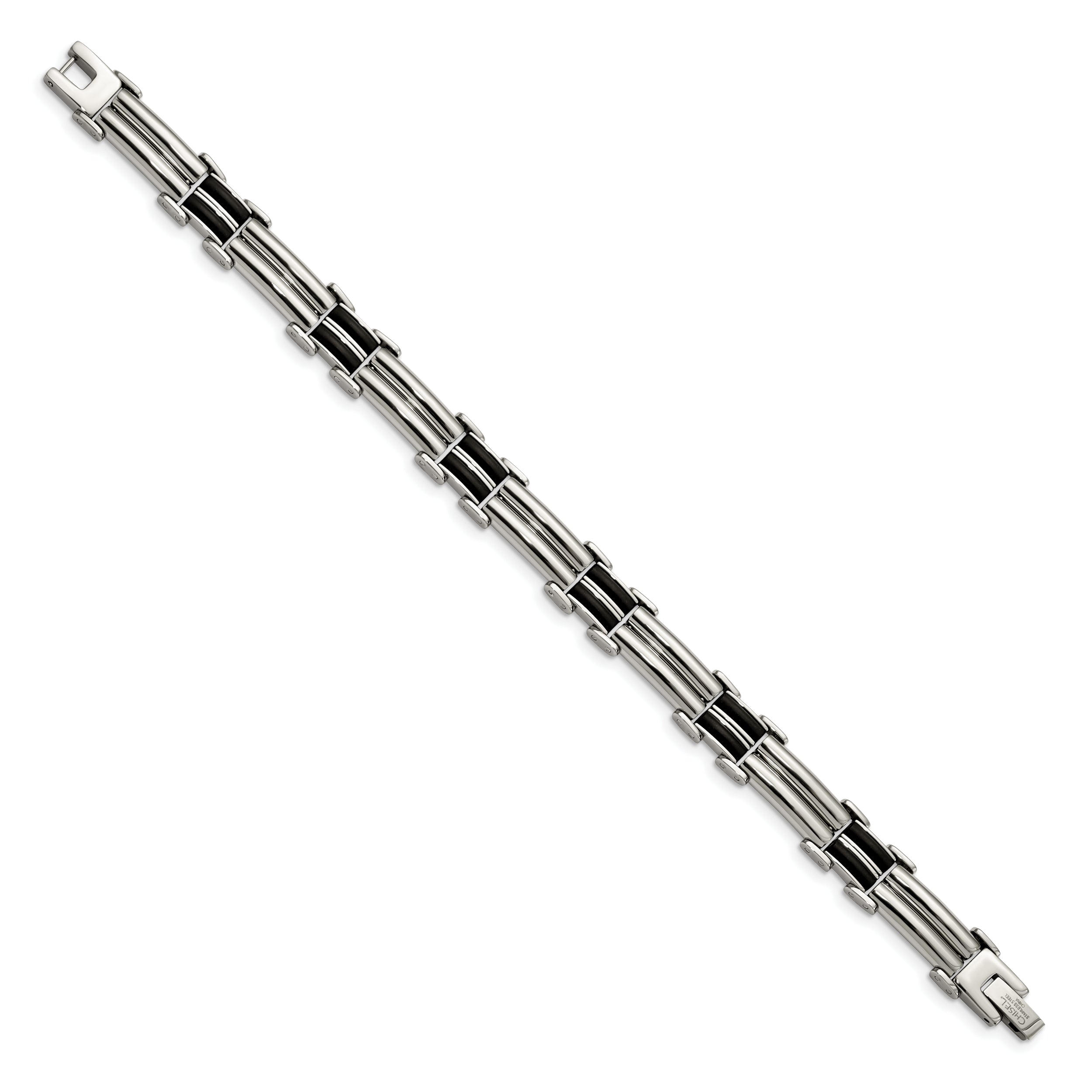 Chisel Stainless Steel Polished with Black Rubber Inlay 8 inch Bracelet