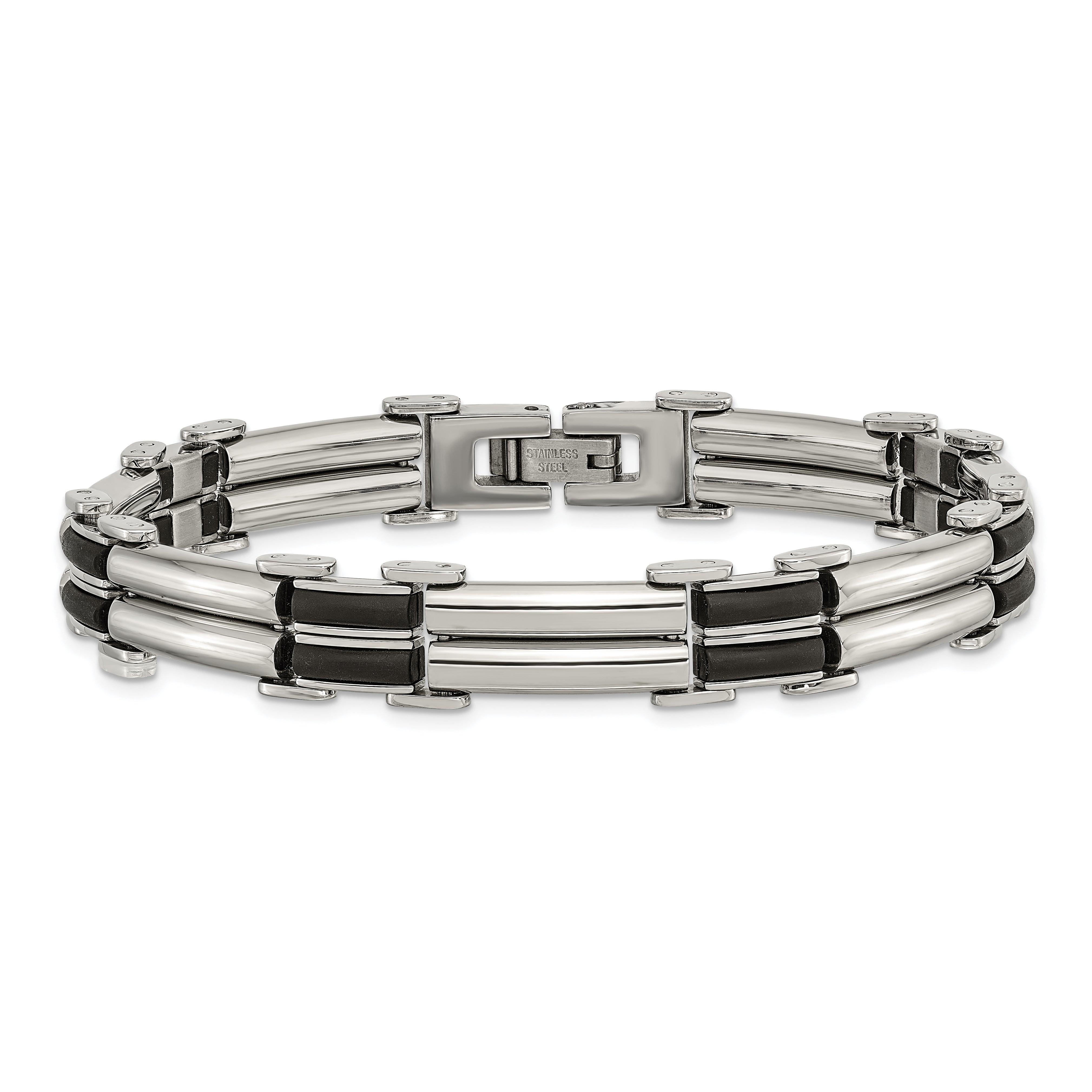 Chisel Stainless Steel Polished with Black Rubber Inlay 8 inch Bracelet