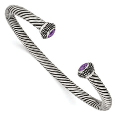 Chisel Stainless Steel Antiqued and Polished with Purple CZ Twisted Cuff Bangle