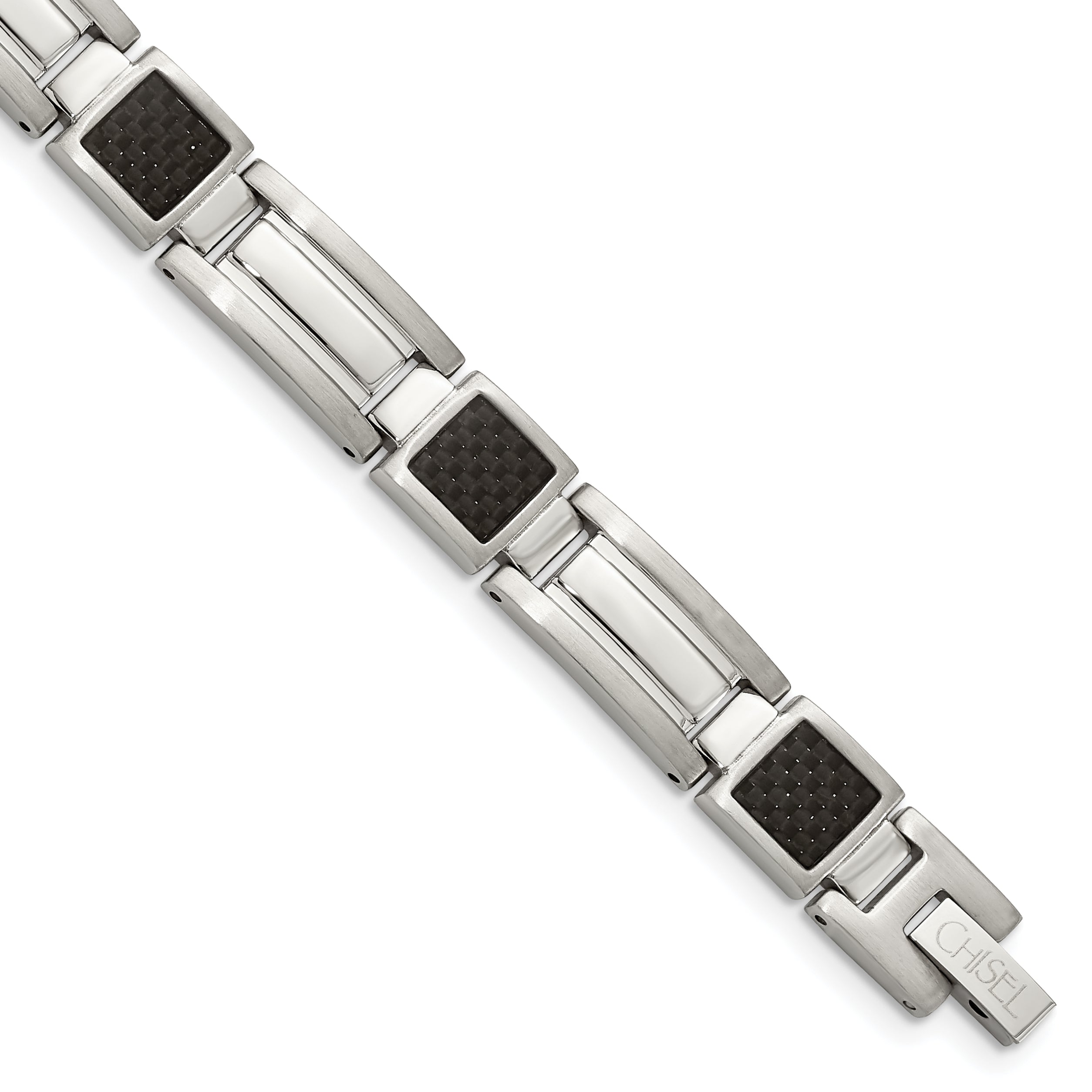 Chisel Stainless Steel Polished with Black Carbon Fiber Inlay 8.75 inch Link Bracelet