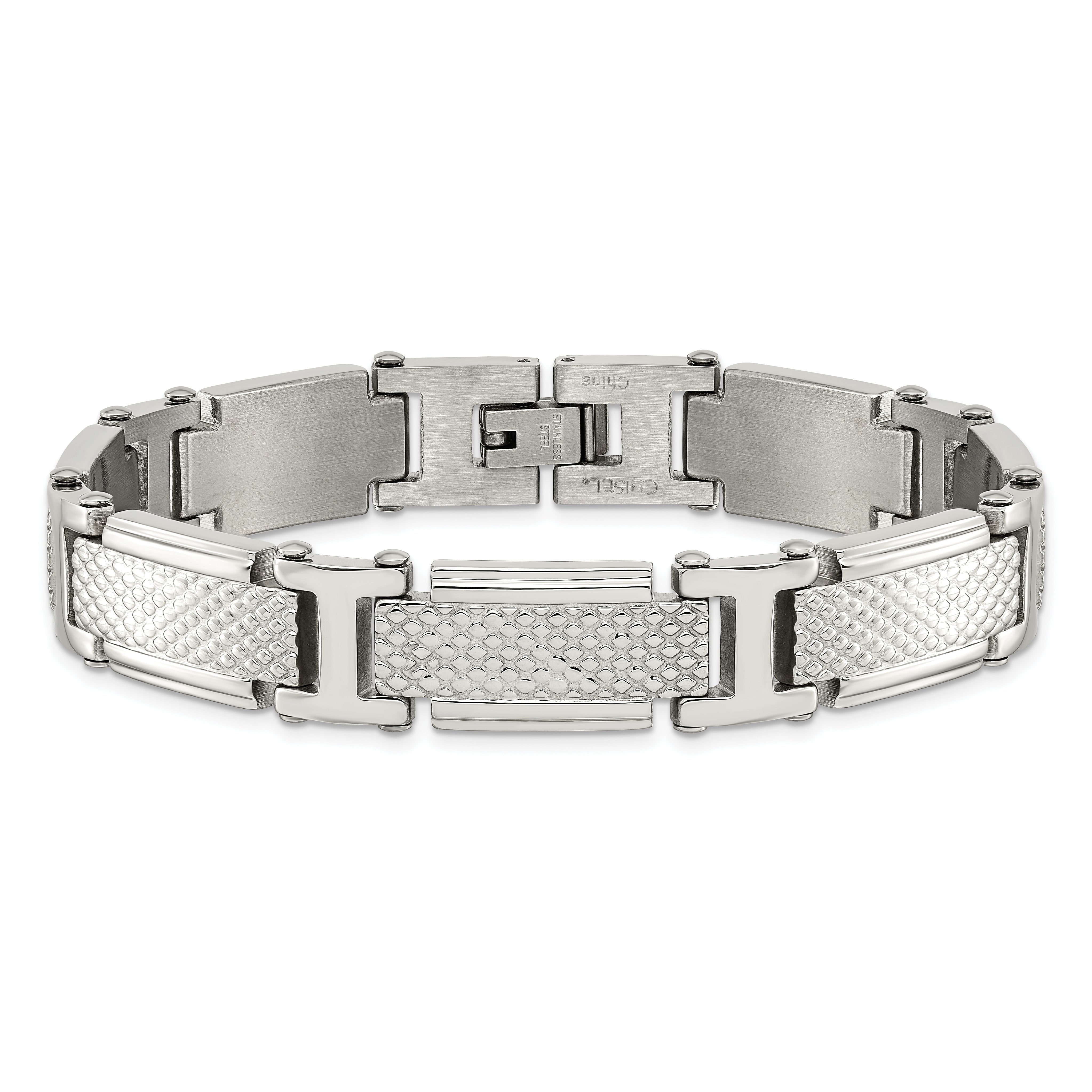 Chisel Stainless Steel Polished and Textured 8.5 inch Link Bracelet