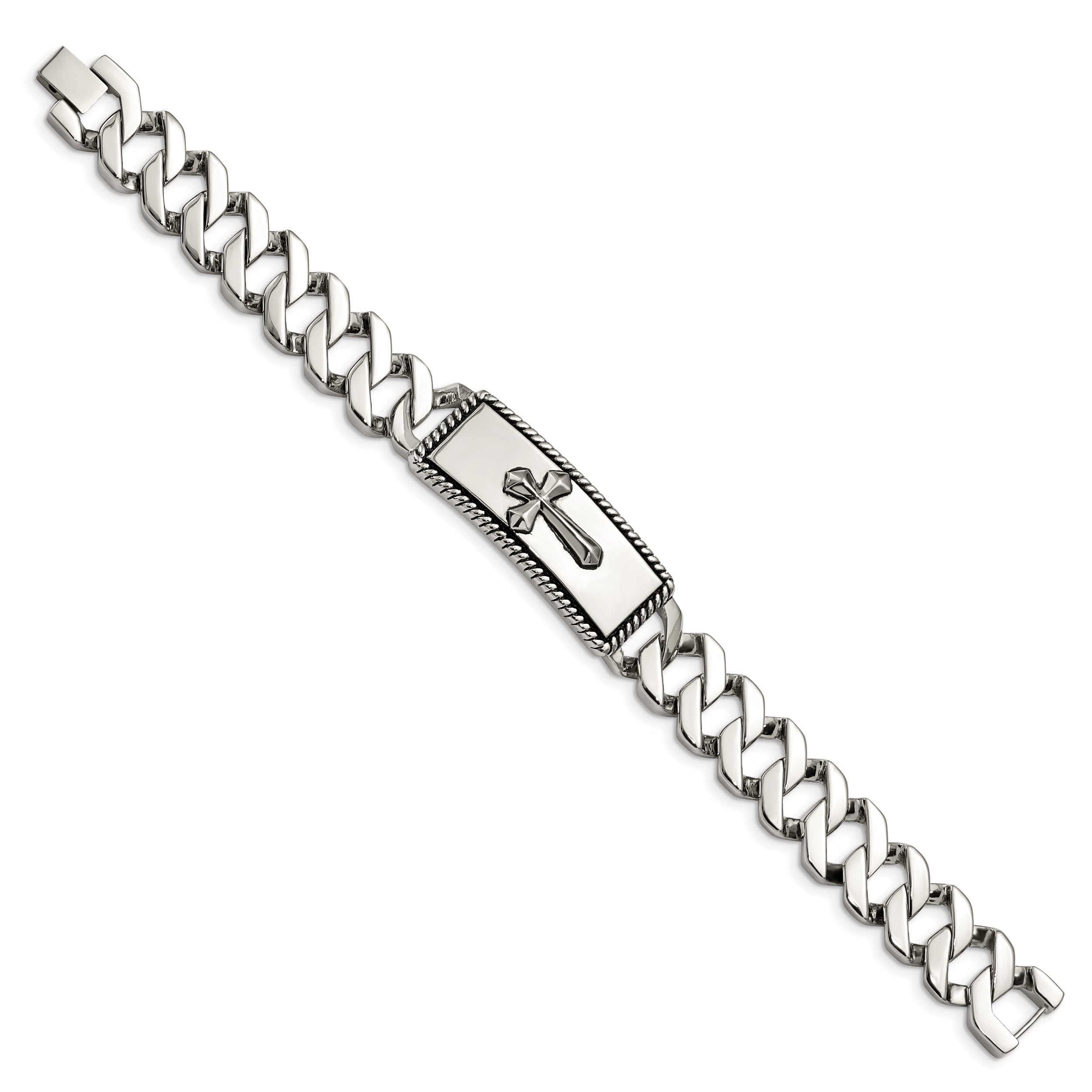 Chisel Stainless Steel Antiqued Polished and Textured 8.5 inch Cross ID Bracelet