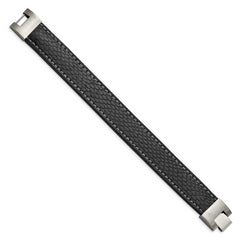 Stainless Steel Polished Black Leather 8in Bracelet