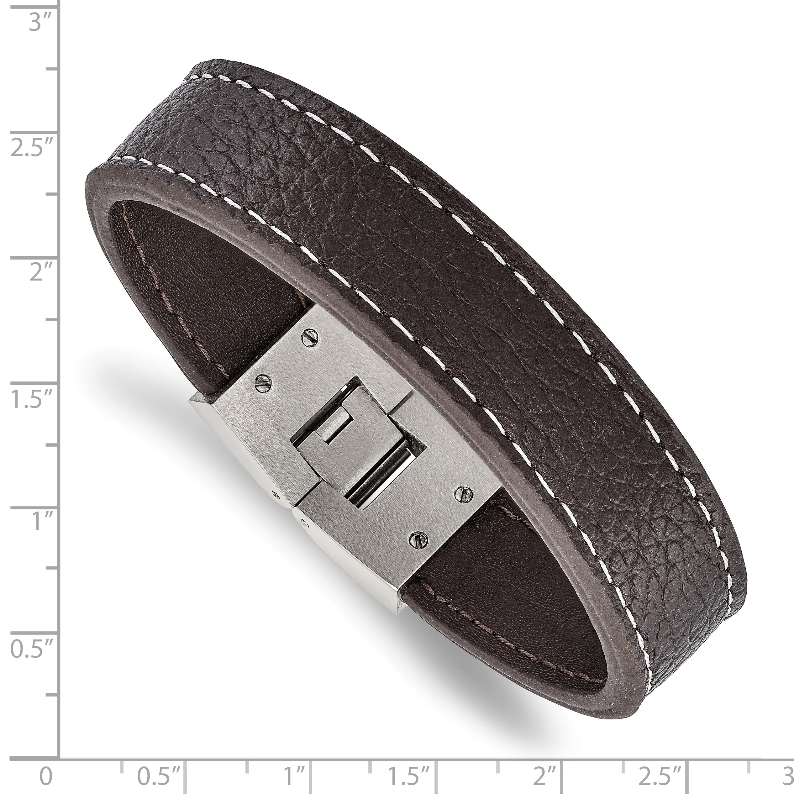 Stainless Steel Polished Brown Leather 8in Bracelet