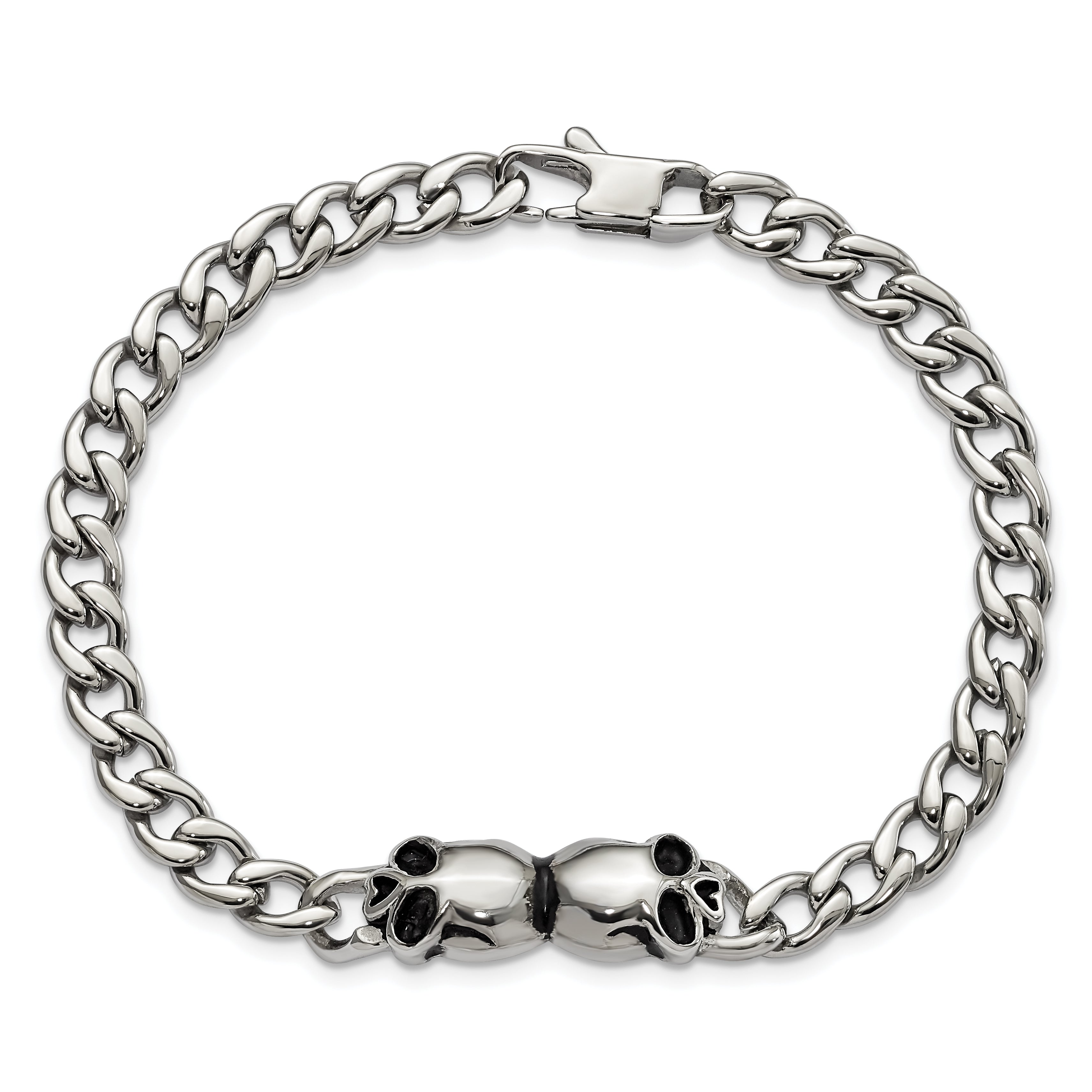 Stainless Steel Polished and Antiqued Skulls Link Bracelet