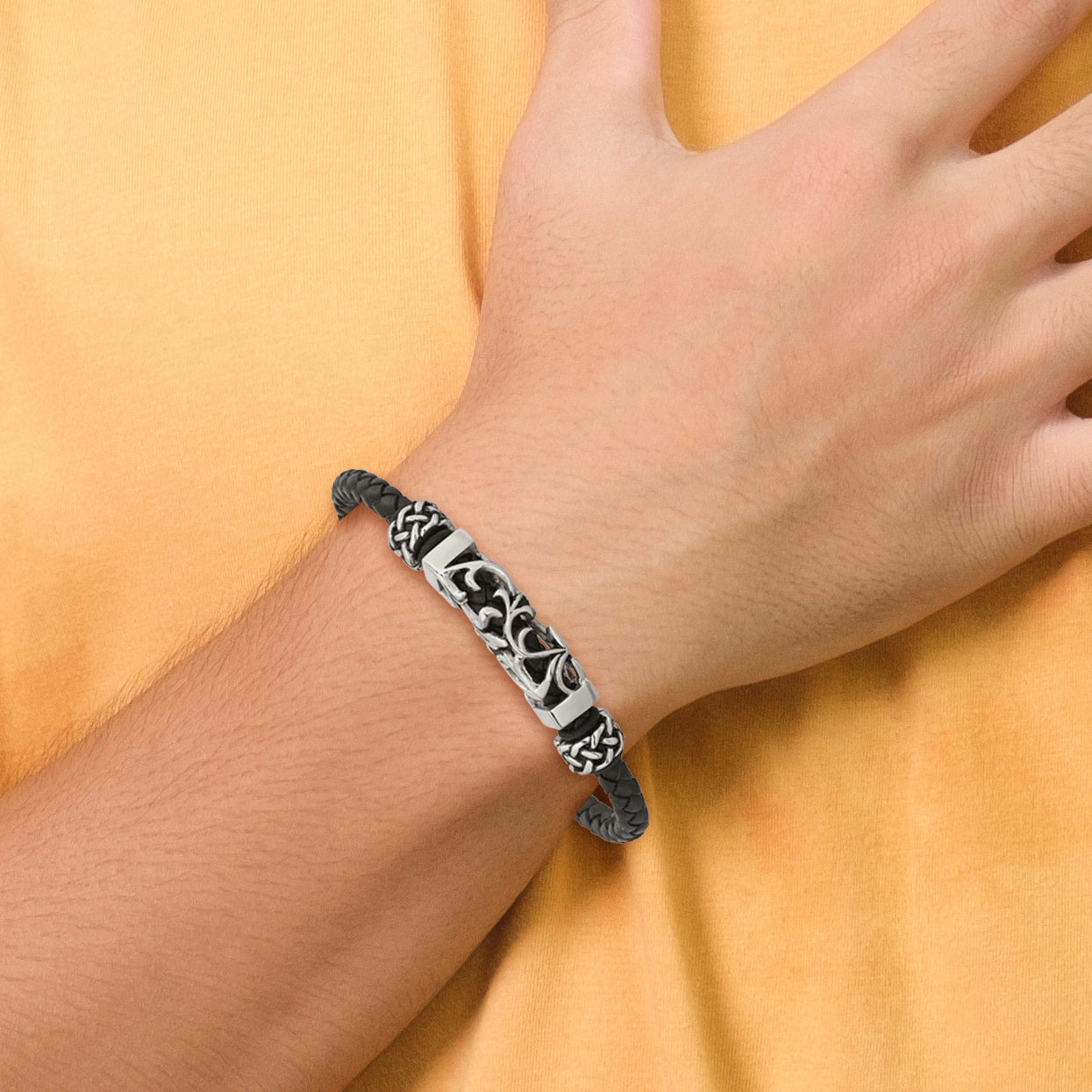 Chisel Stainless Steel Polished with Antiqued Beads Braided Black Leather 8.25 inch Bracelet