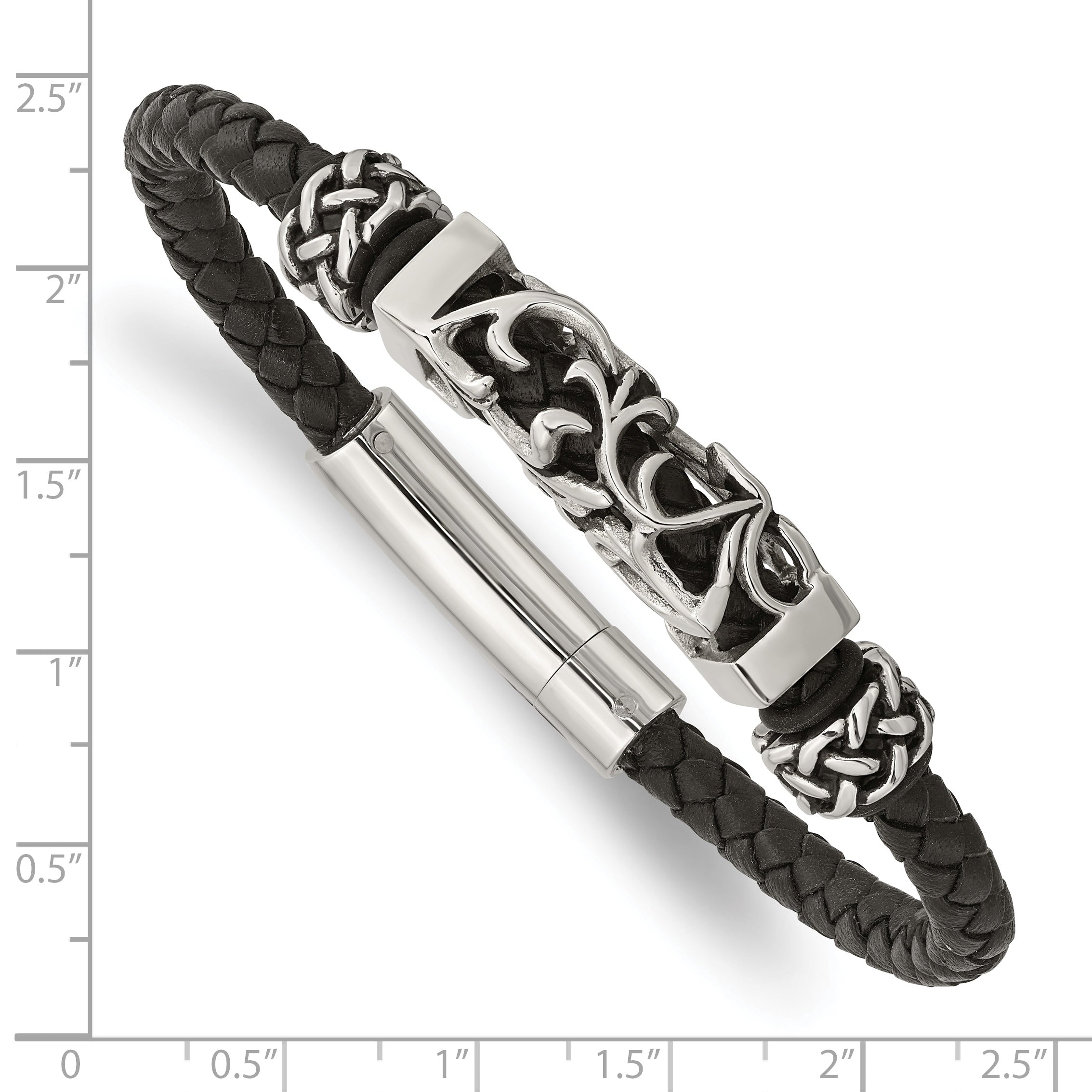 Chisel Stainless Steel Polished with Antiqued Beads Braided Black Leather 8.25 inch Bracelet