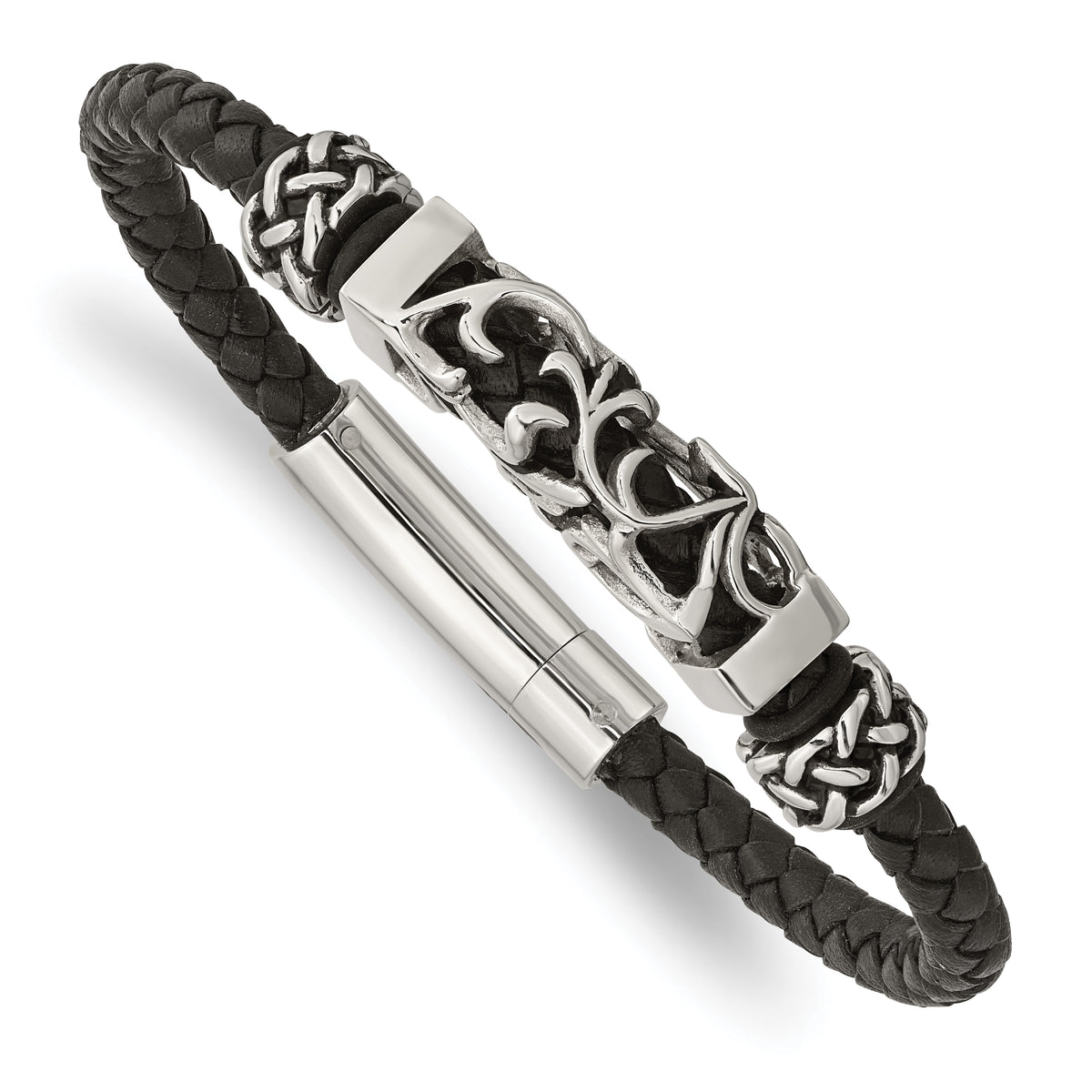 Chisel Stainless Steel Polished with Antiqued Beads Braided Black Leather 8.25 inch Bracelet