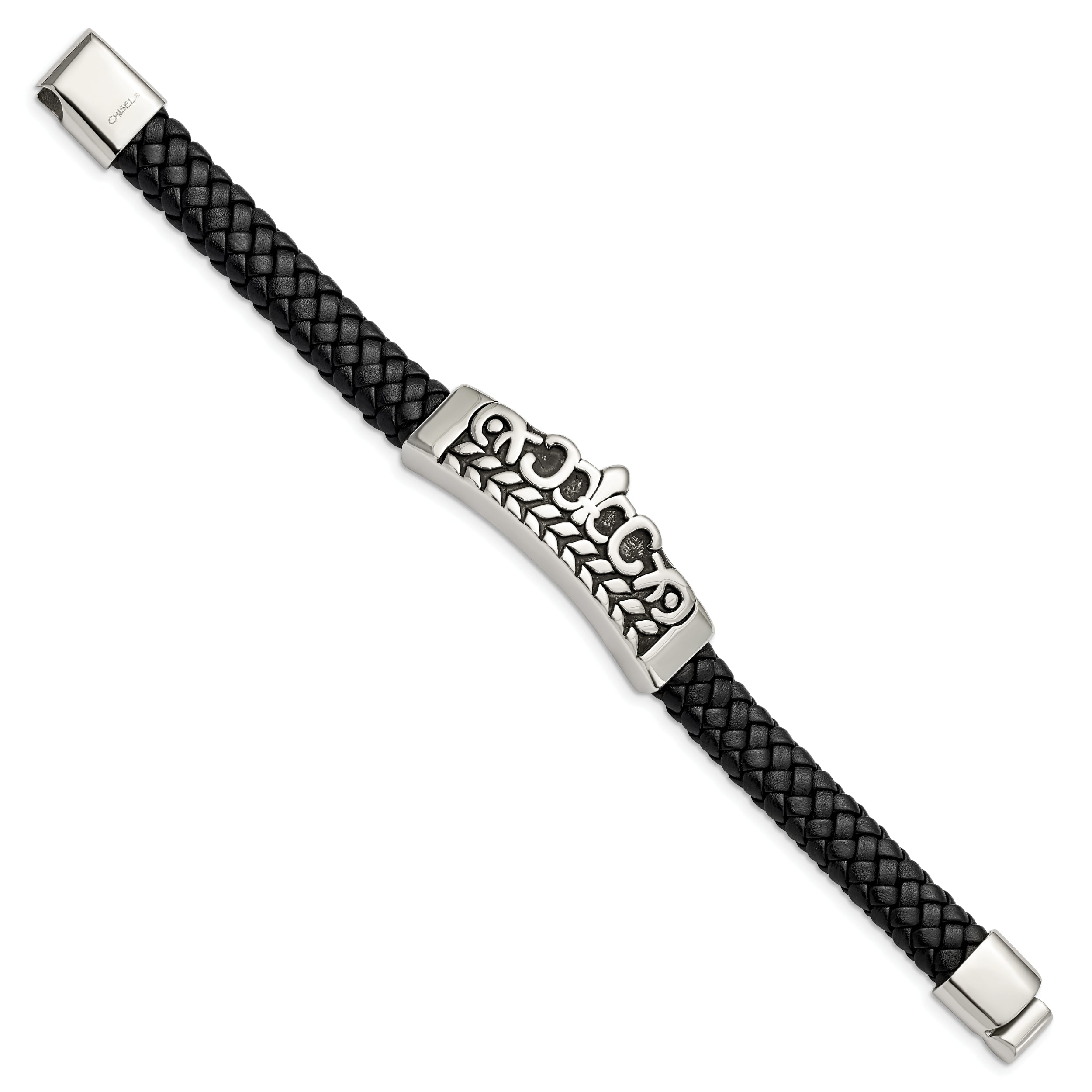 Stainless Steel Antiqued and Polished Fleur de Lis Black Leather Bracelet