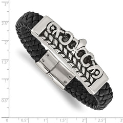 Stainless Steel Antiqued and Polished Fleur de Lis Black Leather Bracelet