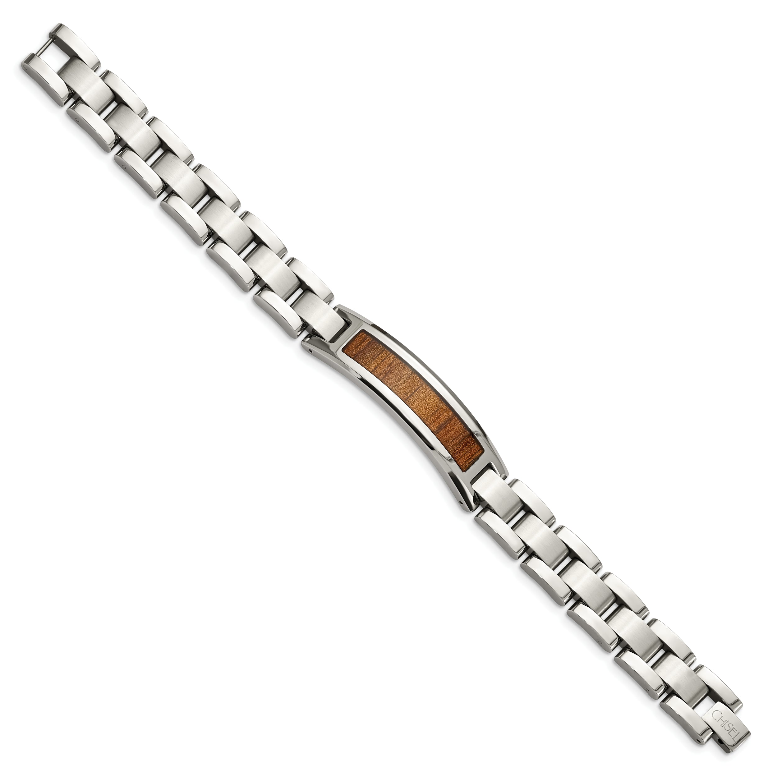 Chisel Stainless Steel Brushed and Polished Enameled with Koa Wood Inlay 8.5in Link ID Bracelet