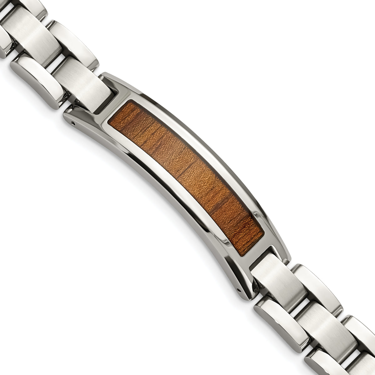 Chisel Stainless Steel Brushed and Polished Enameled with Koa Wood Inlay 8.5in Link ID Bracelet