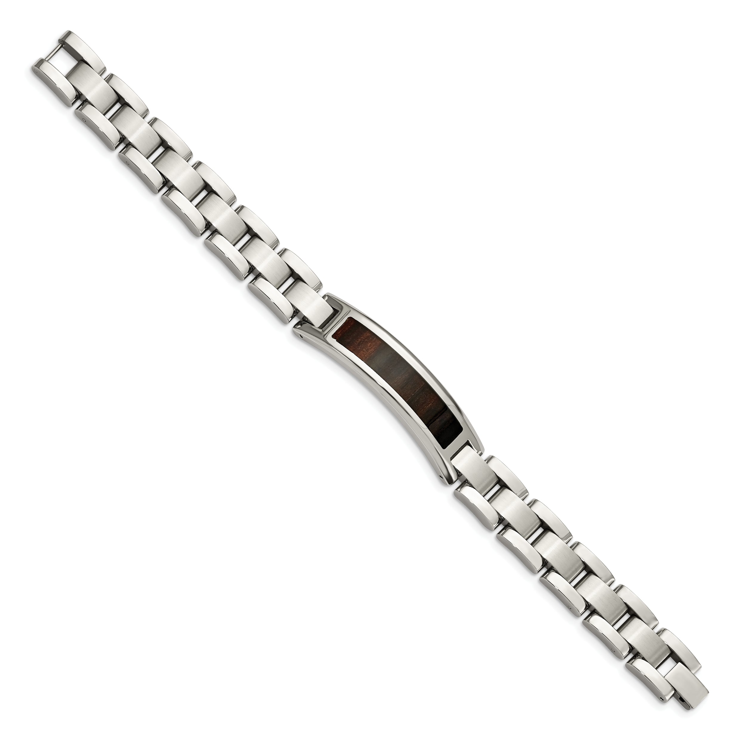 Chisel Stainless Steel Polished Enameled Black Koa Wood 8.5 inch Link ID Bracelet