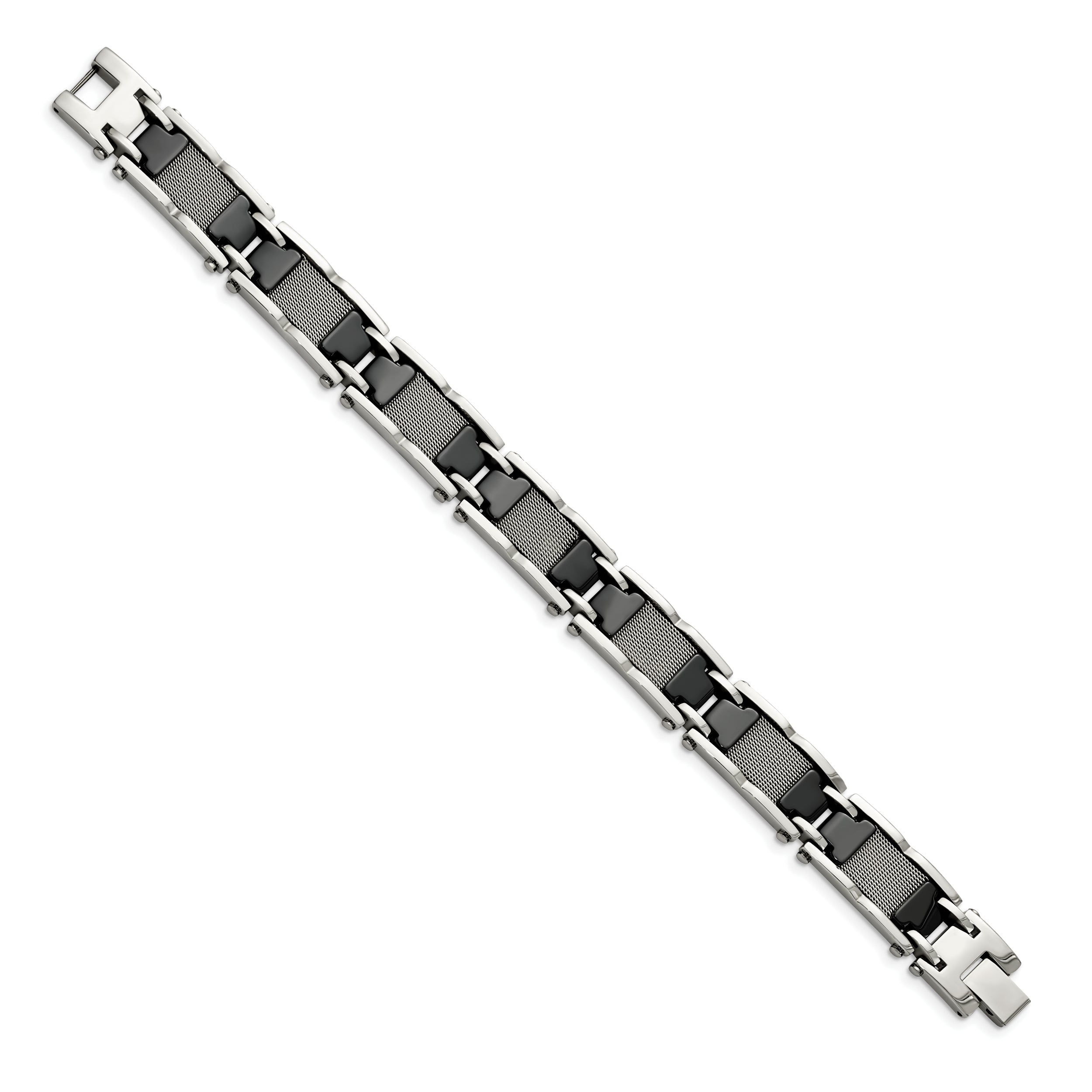 Chisel Stainless Steel Polished Mesh with Black Ceramic 8.25 inch Link Bracelet