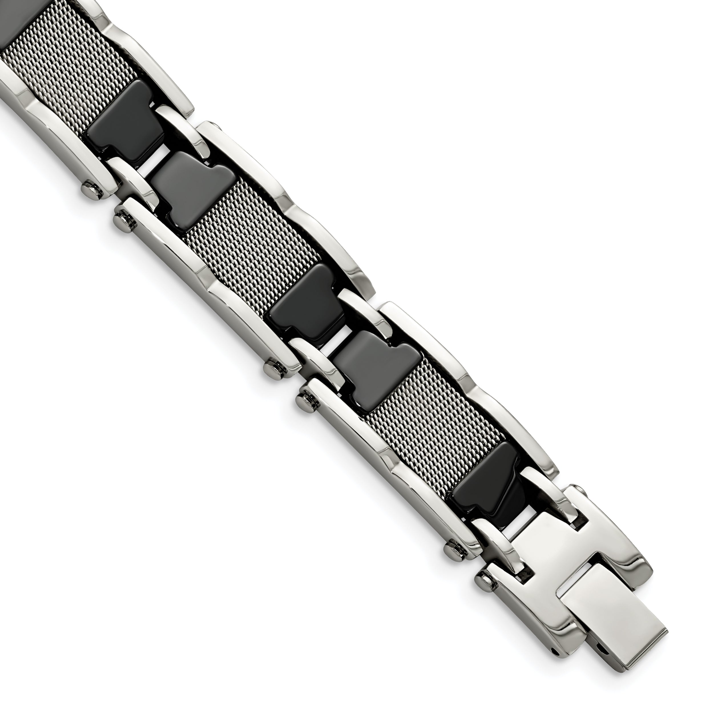 Chisel Stainless Steel Polished Mesh with Black Ceramic 8.25 inch Link Bracelet