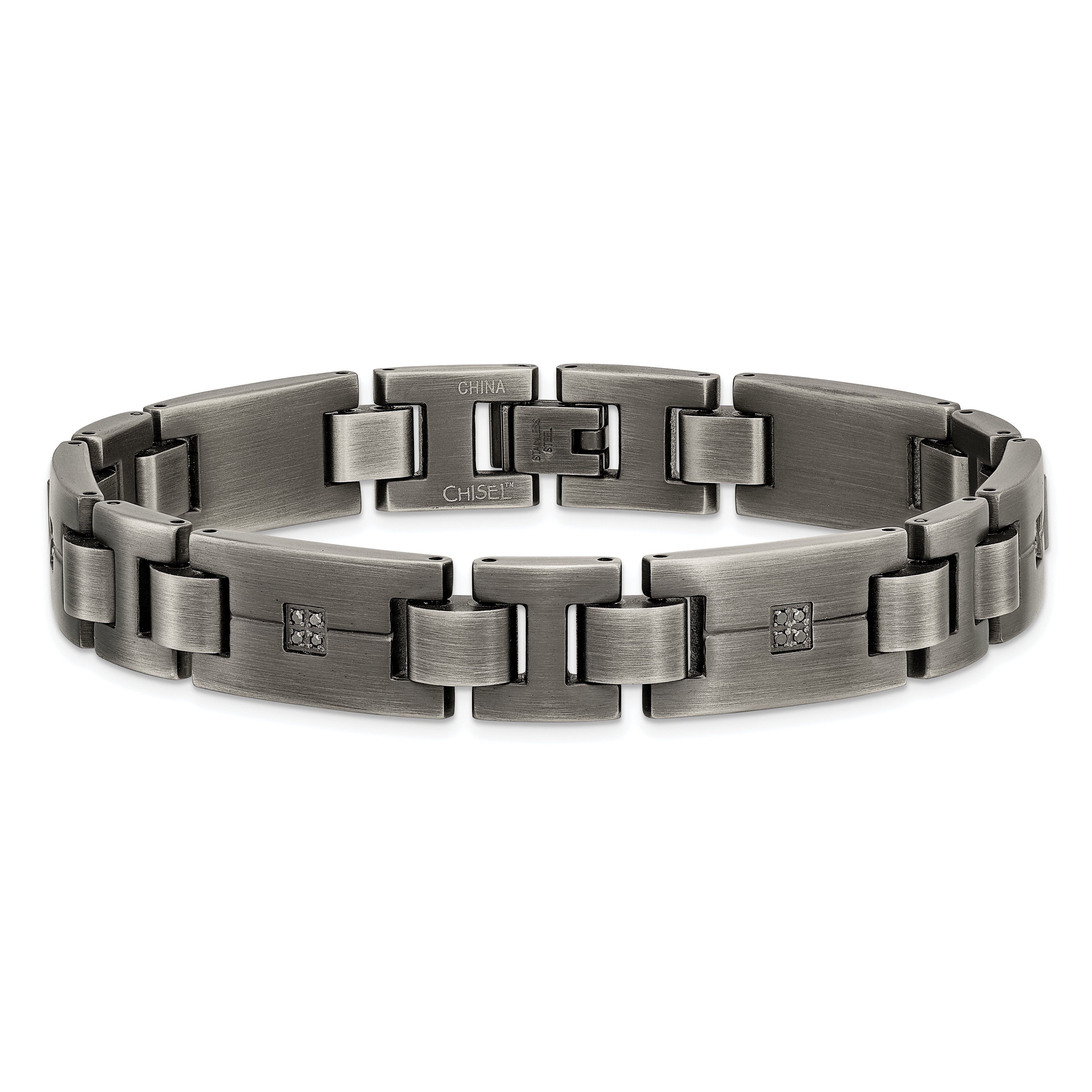 Chisel Stainless Steel Antiqued and Matte with 1/10 carat Black Diamond 9 inch Bracelet