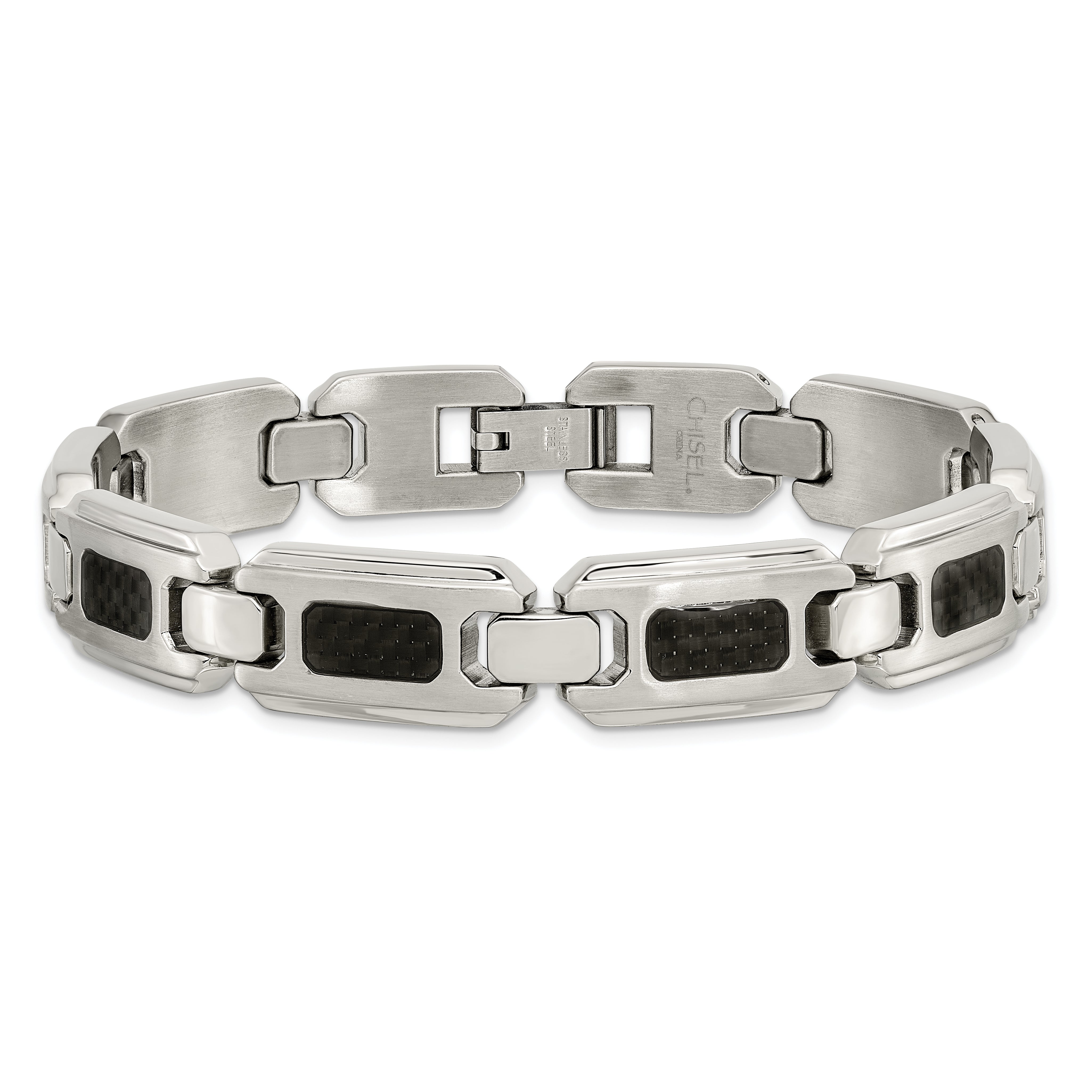 Chisel Stainless Steel Brushed and Polished with Black Carbon Fiber Inlay 9 inch Link Bracelet