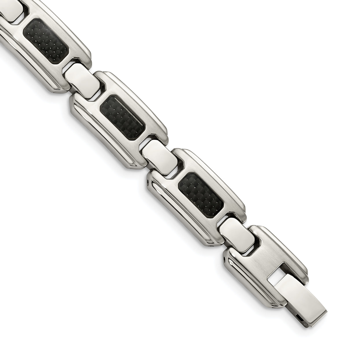 Chisel Stainless Steel Brushed and Polished with Black Carbon Fiber Inlay 9 inch Link Bracelet