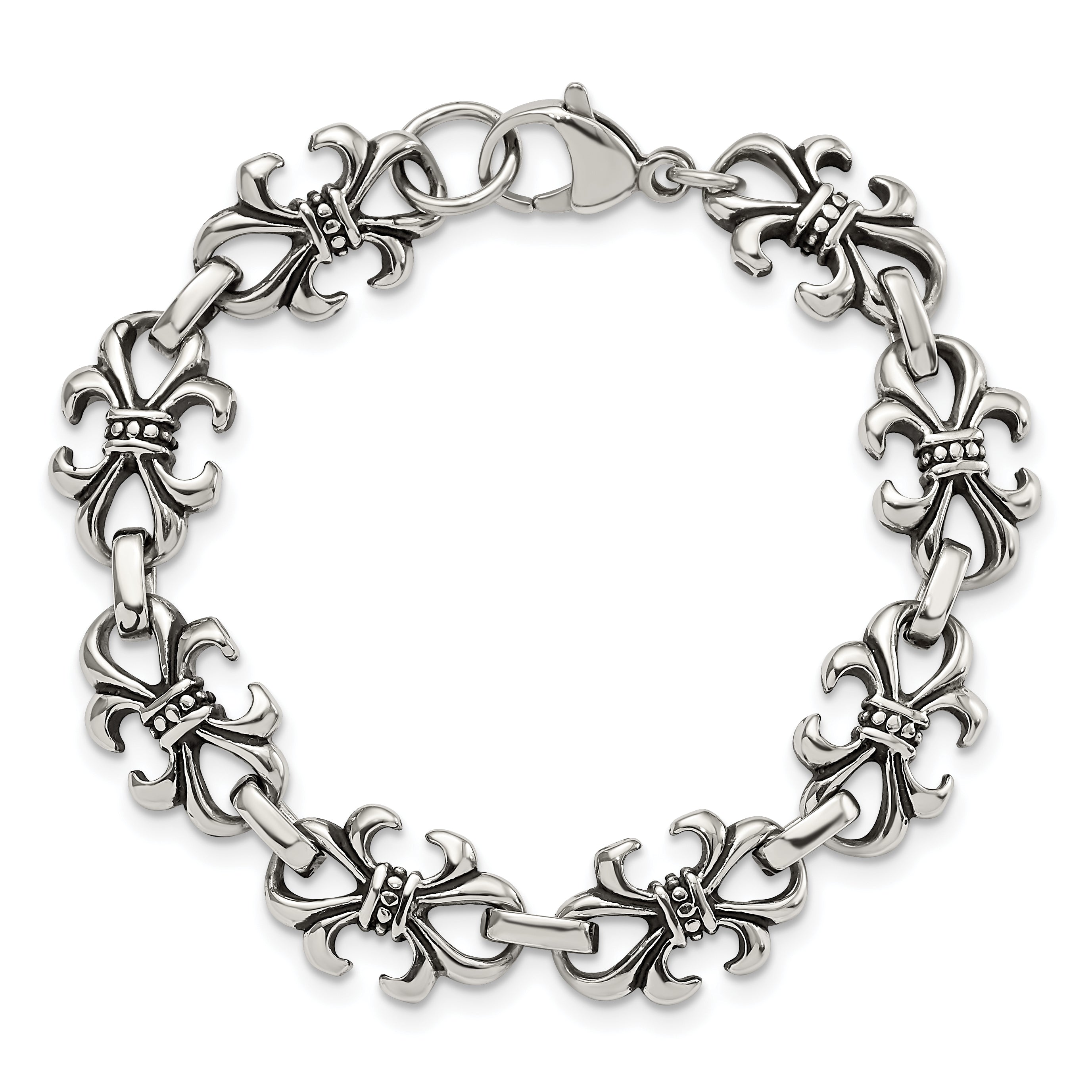 Stainless Steel Antiqued and Polished Fleur de Lis 8.25in Bracelet