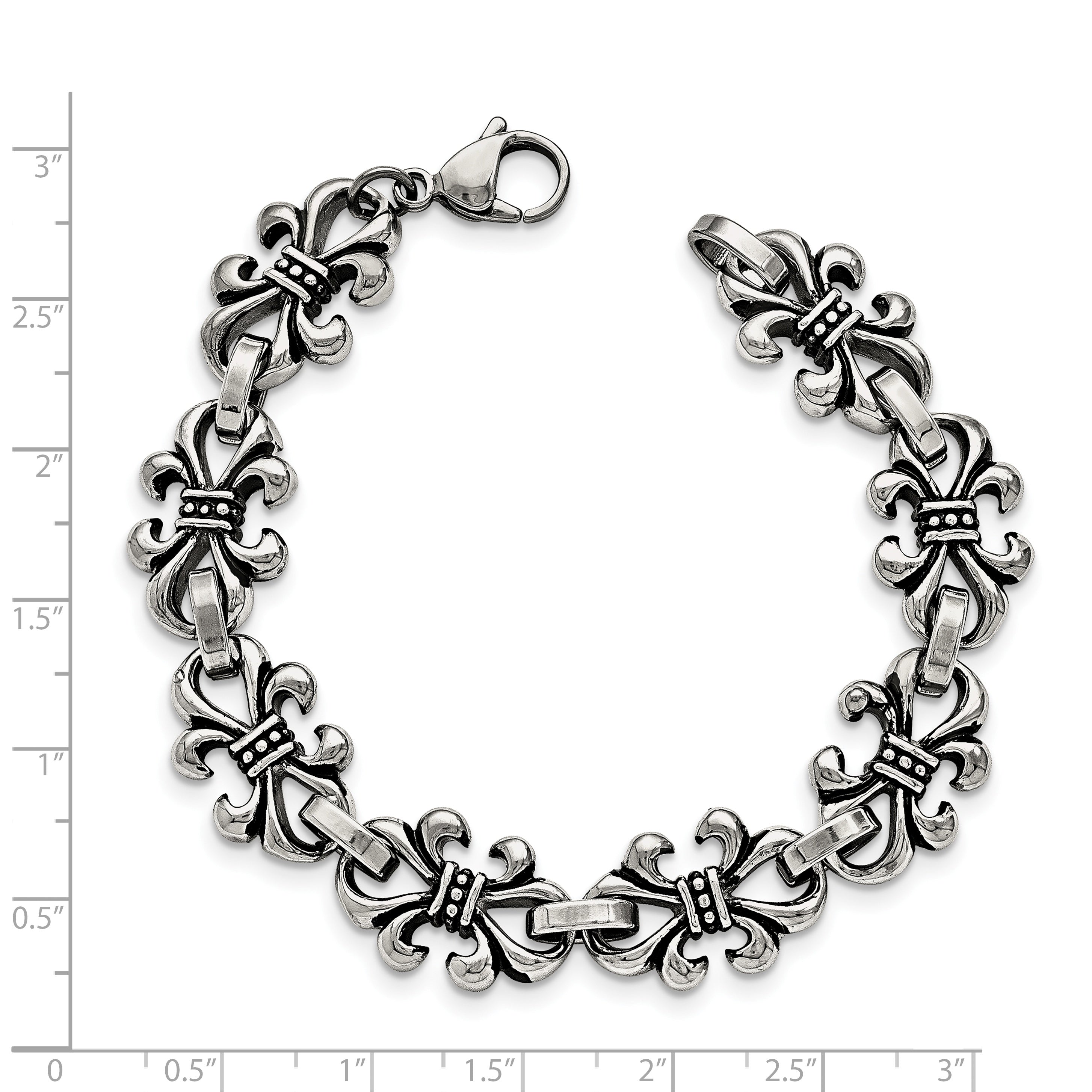 Stainless Steel Antiqued and Polished Fleur de Lis 8.25in Bracelet