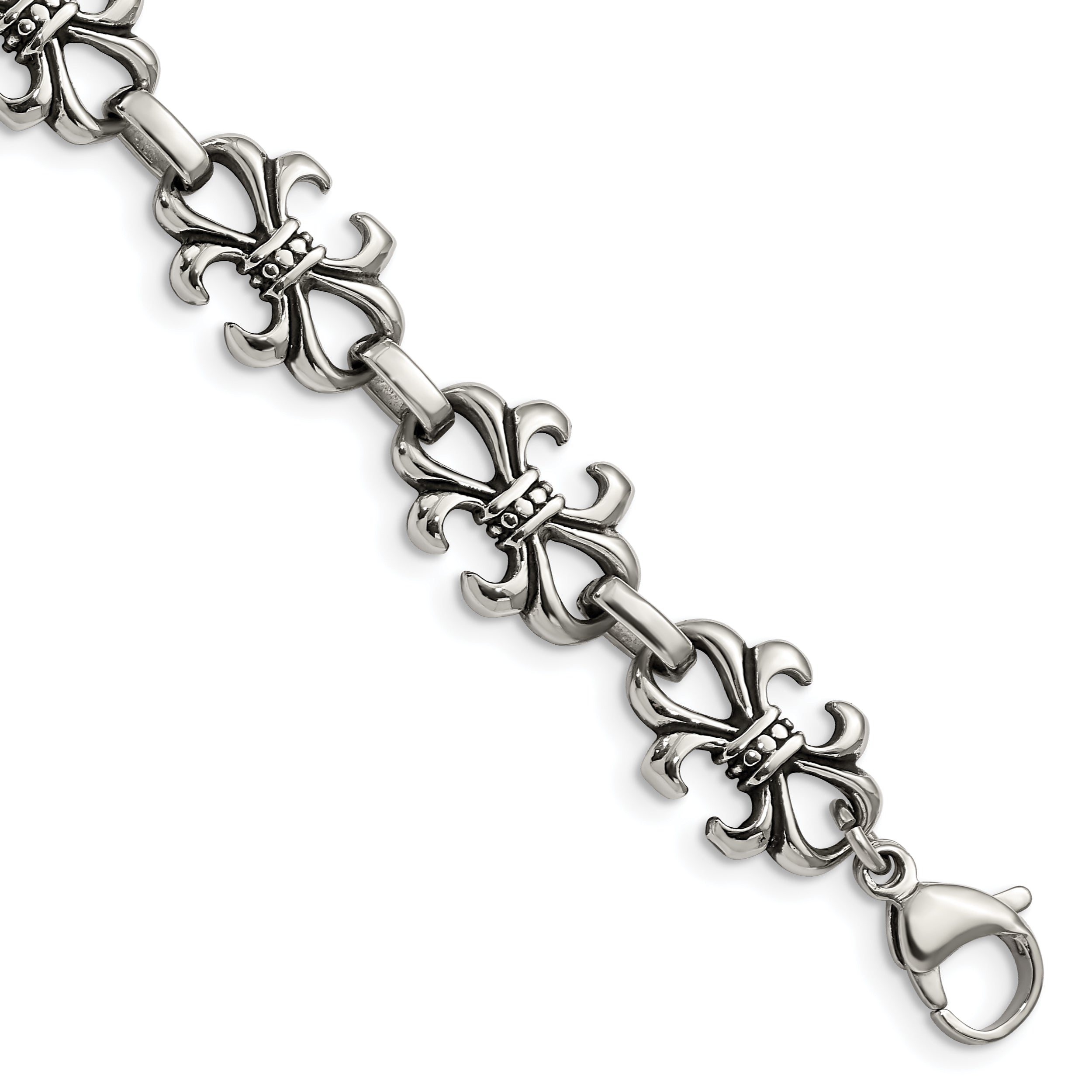 Stainless Steel Antiqued and Polished Fleur de Lis 8.25in Bracelet