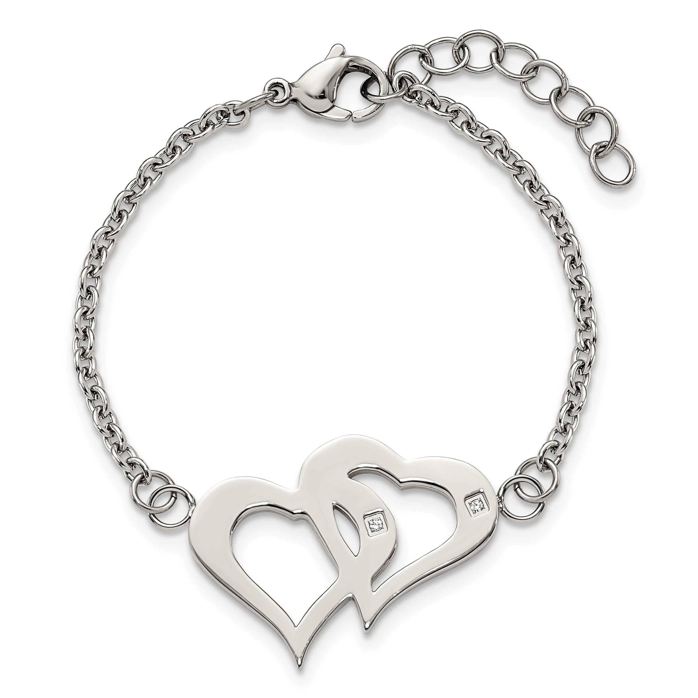 Stainless Steel Polished w/CZ Hearts 6.5in w/1.25in ext. Bracelet