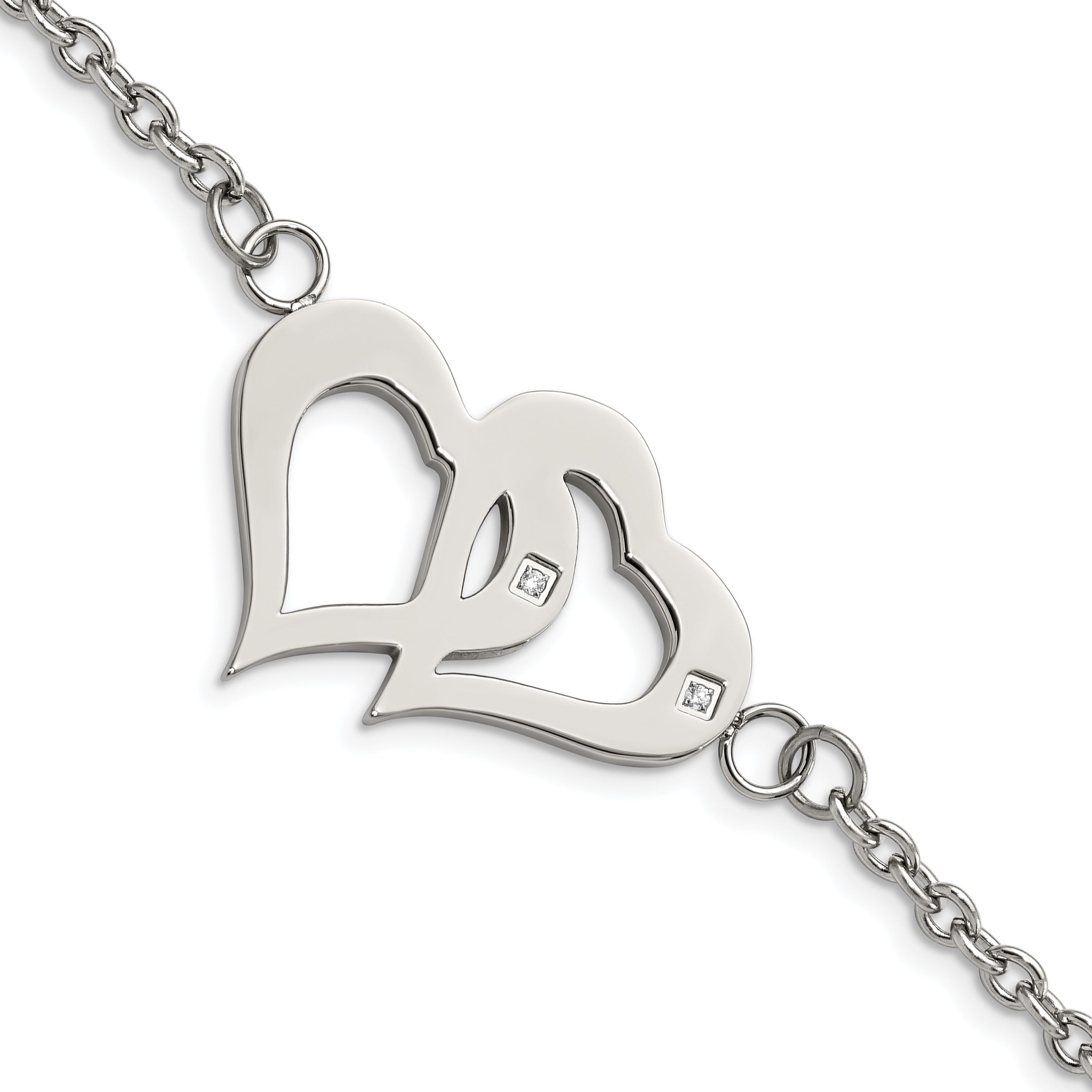 Stainless Steel Polished w/CZ Hearts 6.5in w/1.25in ext. Bracelet