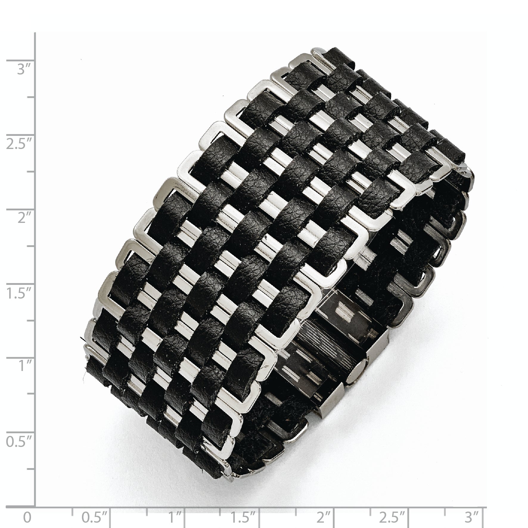 Stainless Steel Polished Woven Black Leather Bracelet