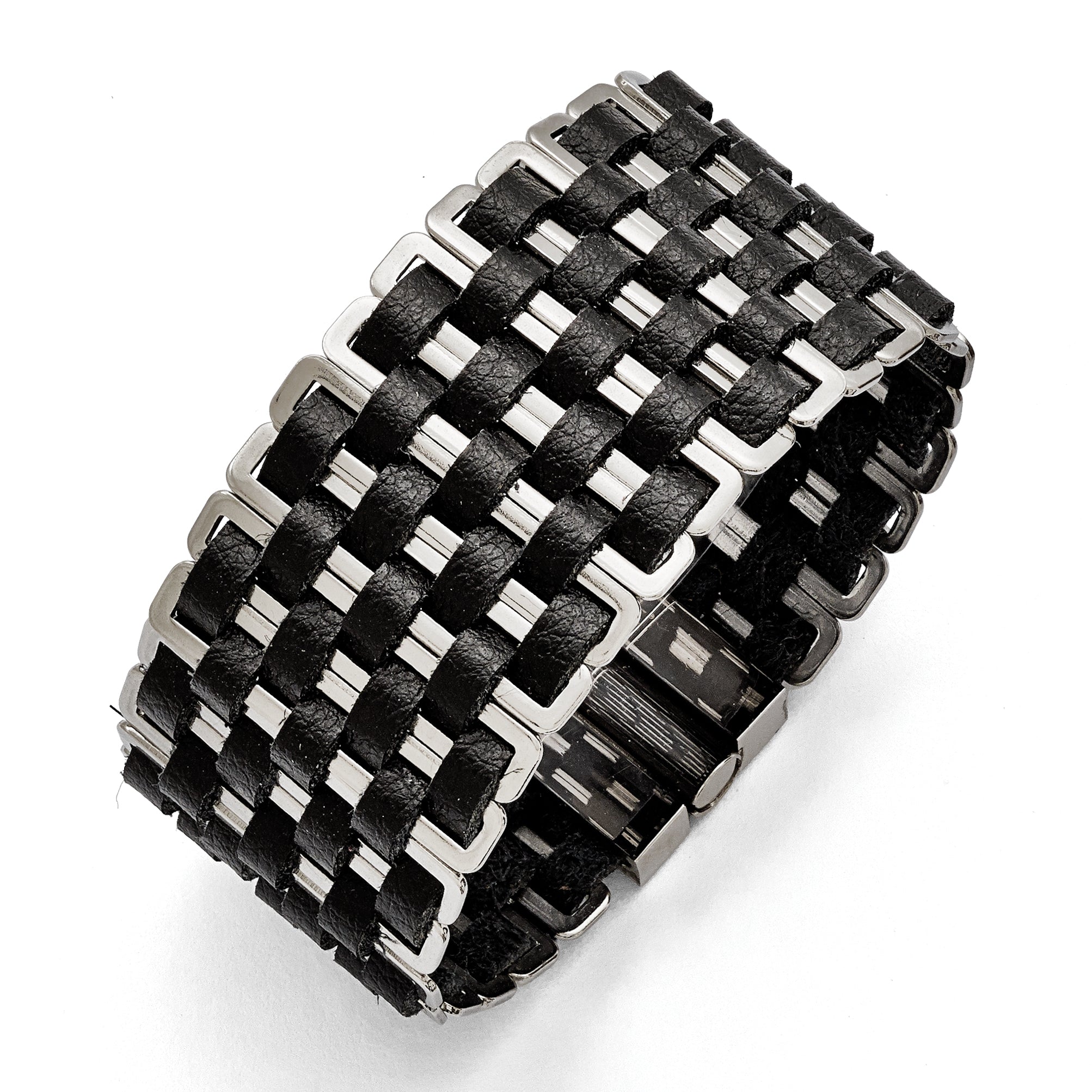 Stainless Steel Polished Woven Black Leather Bracelet