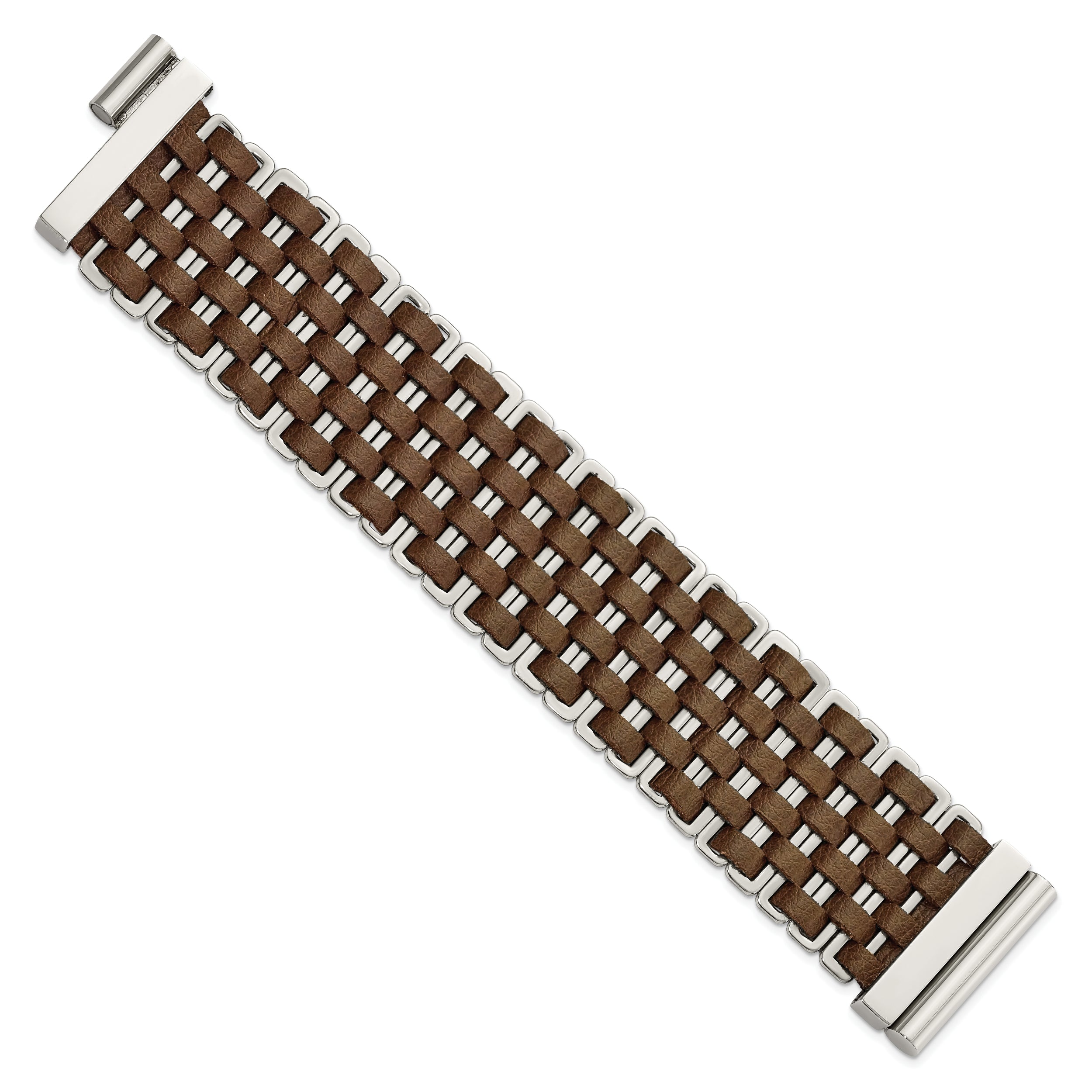 Stainless Steel Polished Woven Brown Leather Bracelet