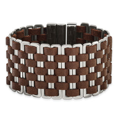 Stainless Steel Polished Woven Brown Leather Bracelet