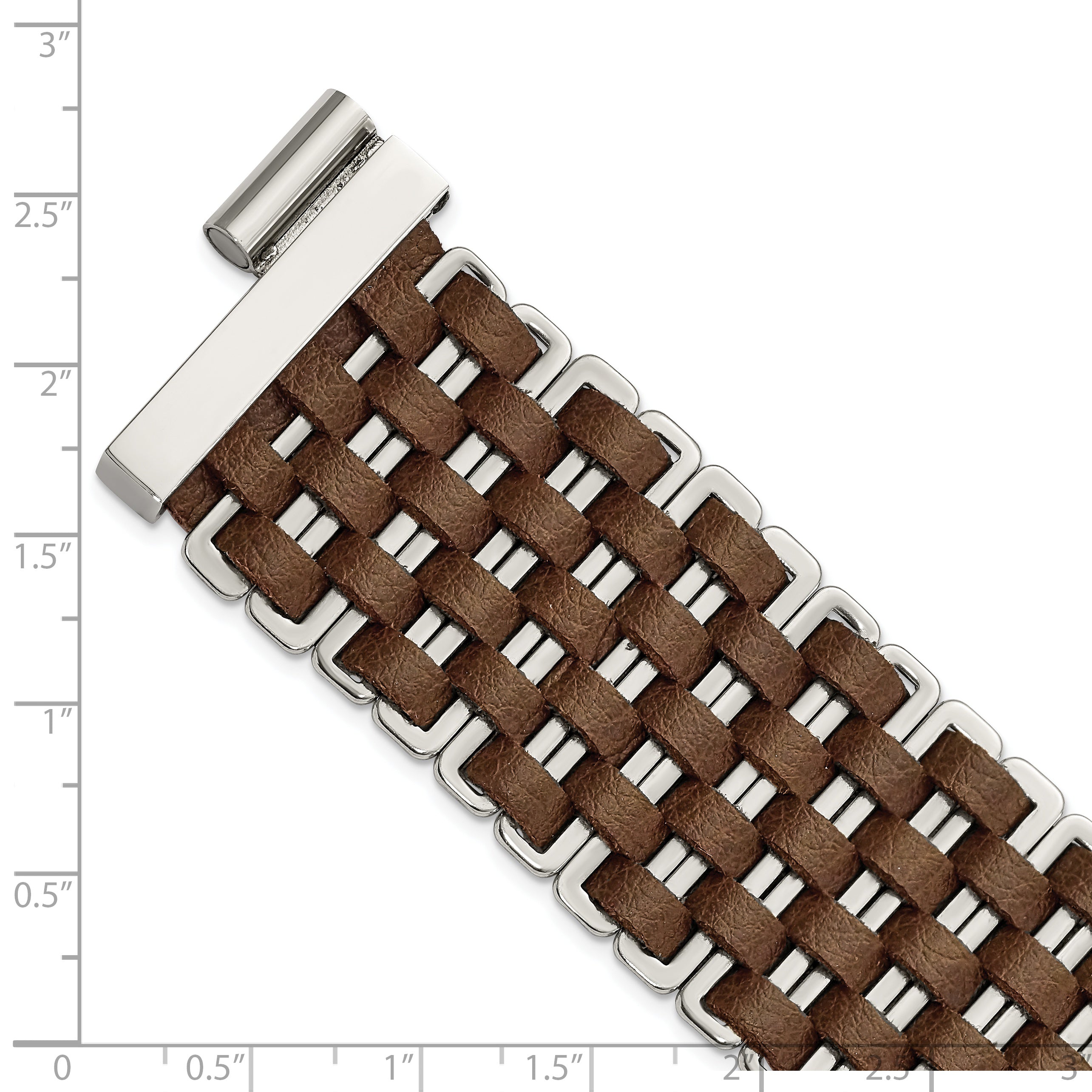 Stainless Steel Polished Woven Brown Leather Bracelet