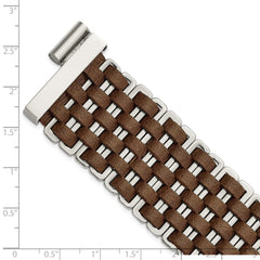 Stainless Steel Polished Woven Brown Leather Bracelet