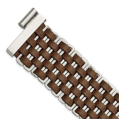 Stainless Steel Polished Woven Brown Leather Bracelet