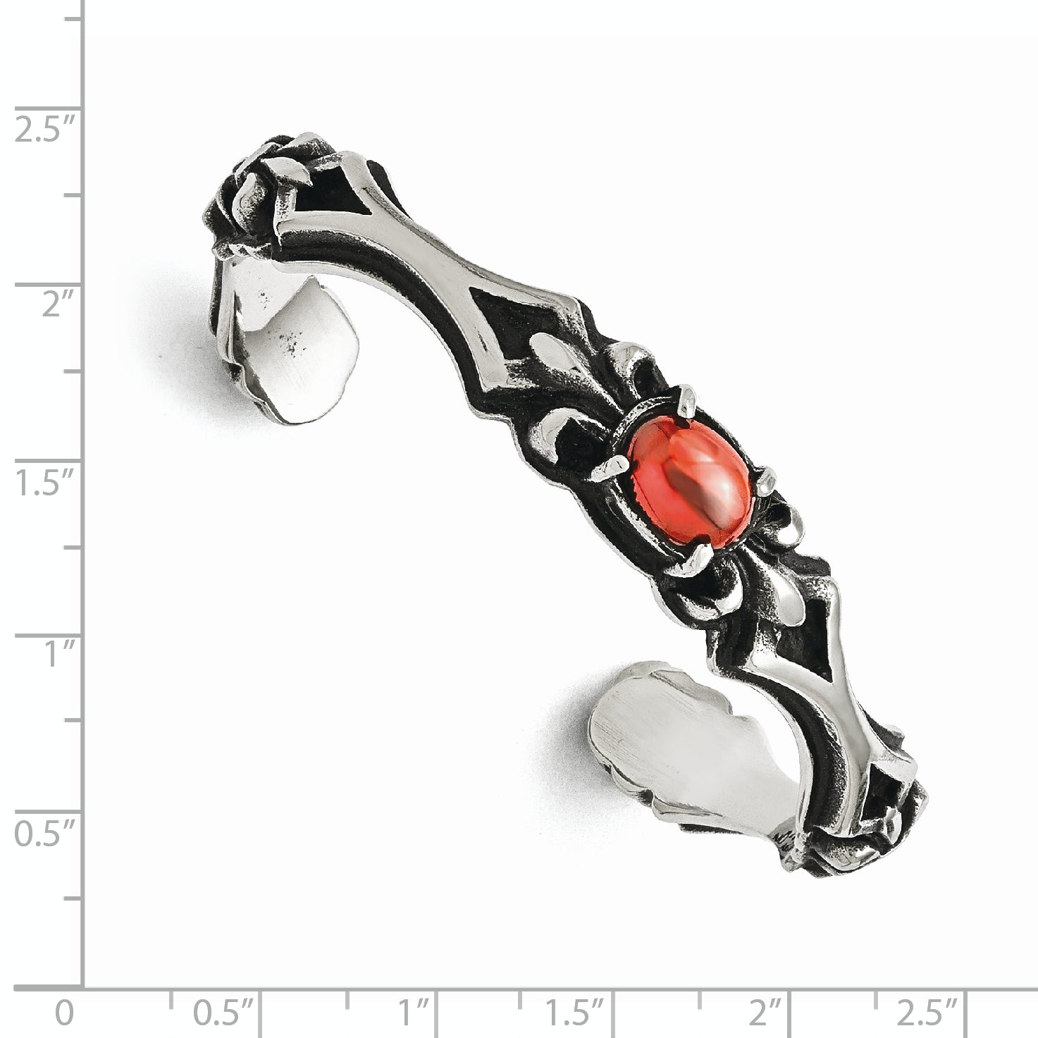 Stainless Steel Polished/Antiqued Fleur De Lis Red Glass Cuff Bangle