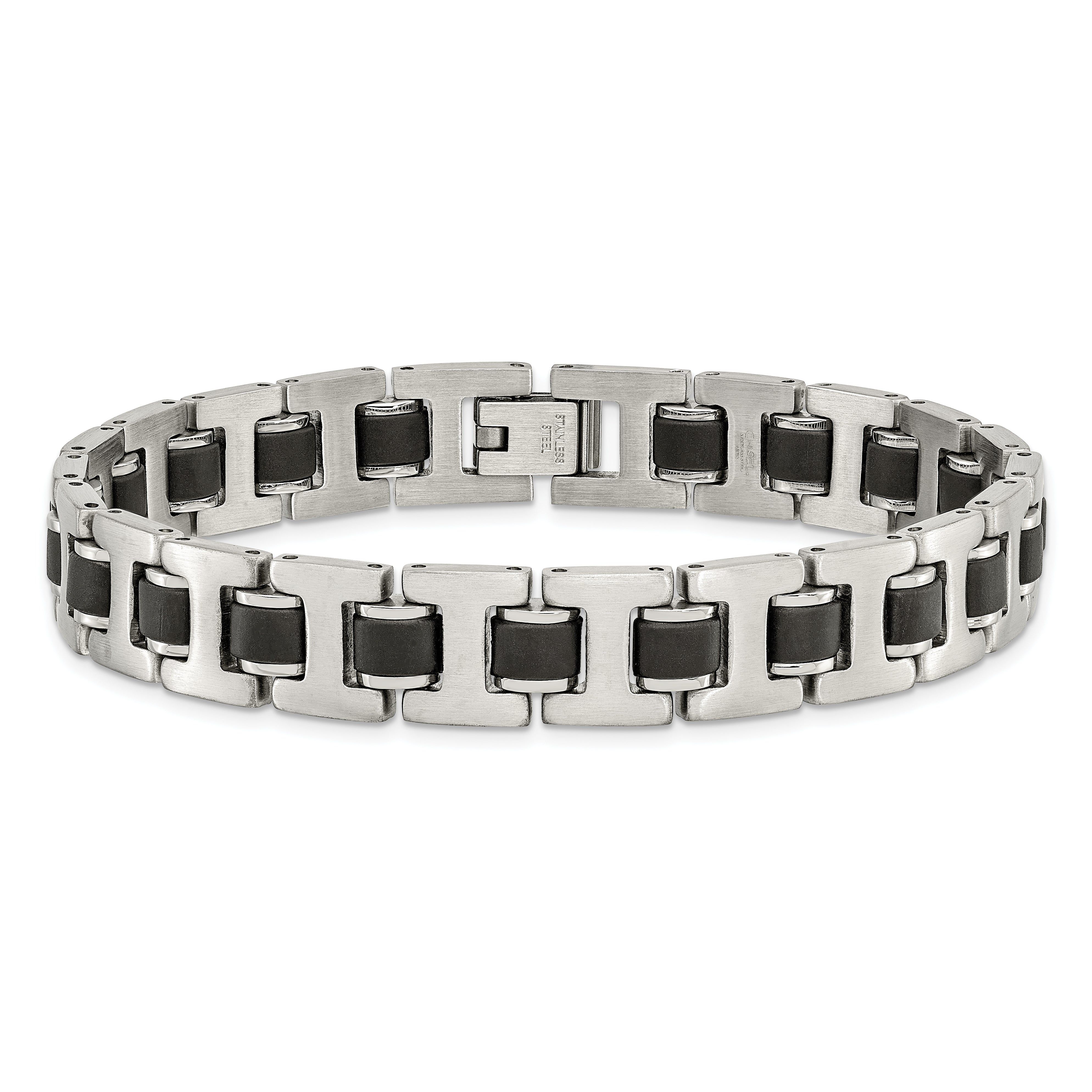 Chisel Stainless Steel Brushed with Black Rubber 8.5 inch Bracelet