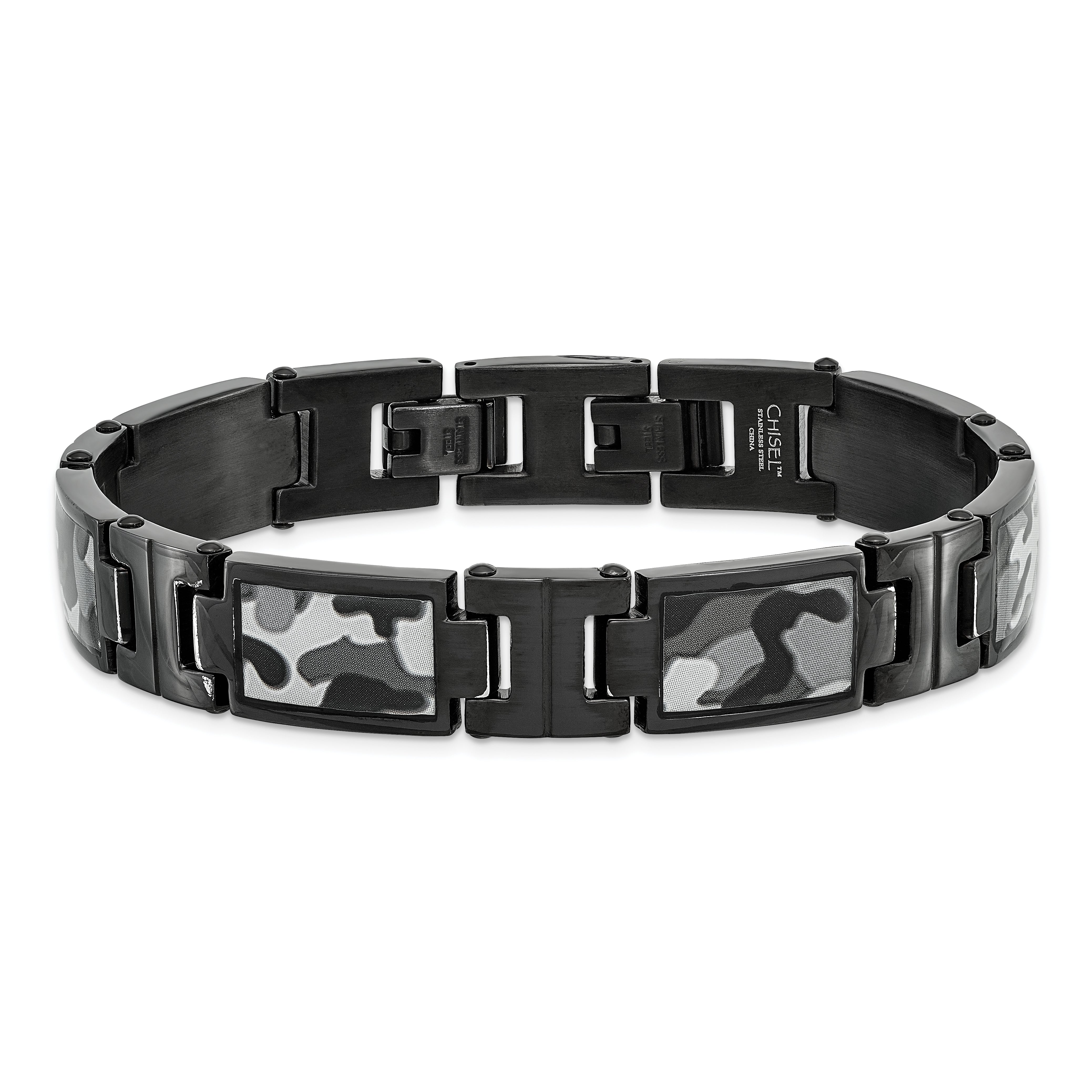 Chisel Stainless Steel Polished Black IP-plated Camo Enamel 8.5 inch Link Bracelet