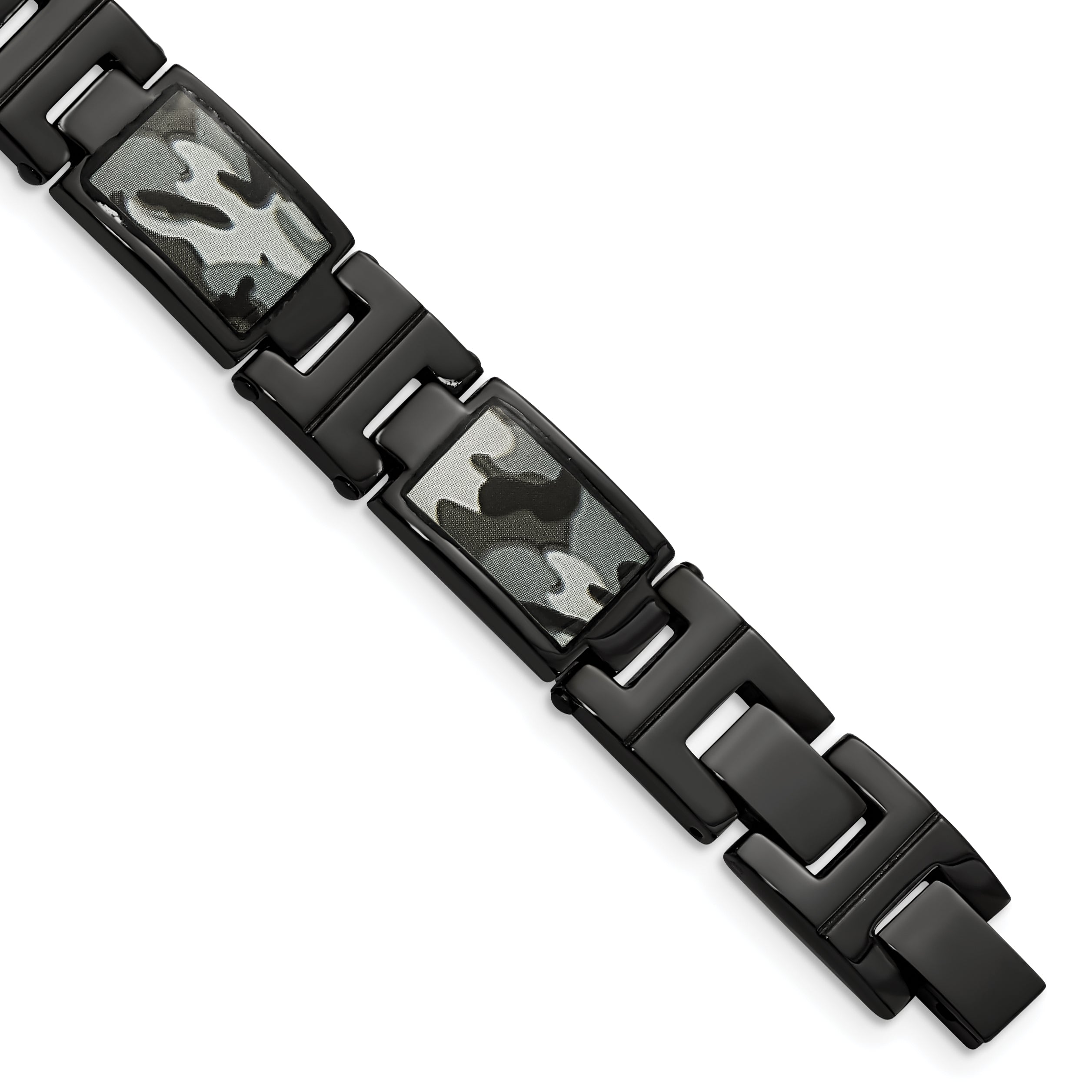 Chisel Stainless Steel Polished Black IP-plated Camo Enamel 8.5 inch Link Bracelet