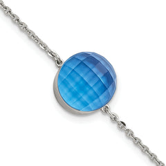 Stainless Steel Polished Blue Glass w/1in ext Bracelet