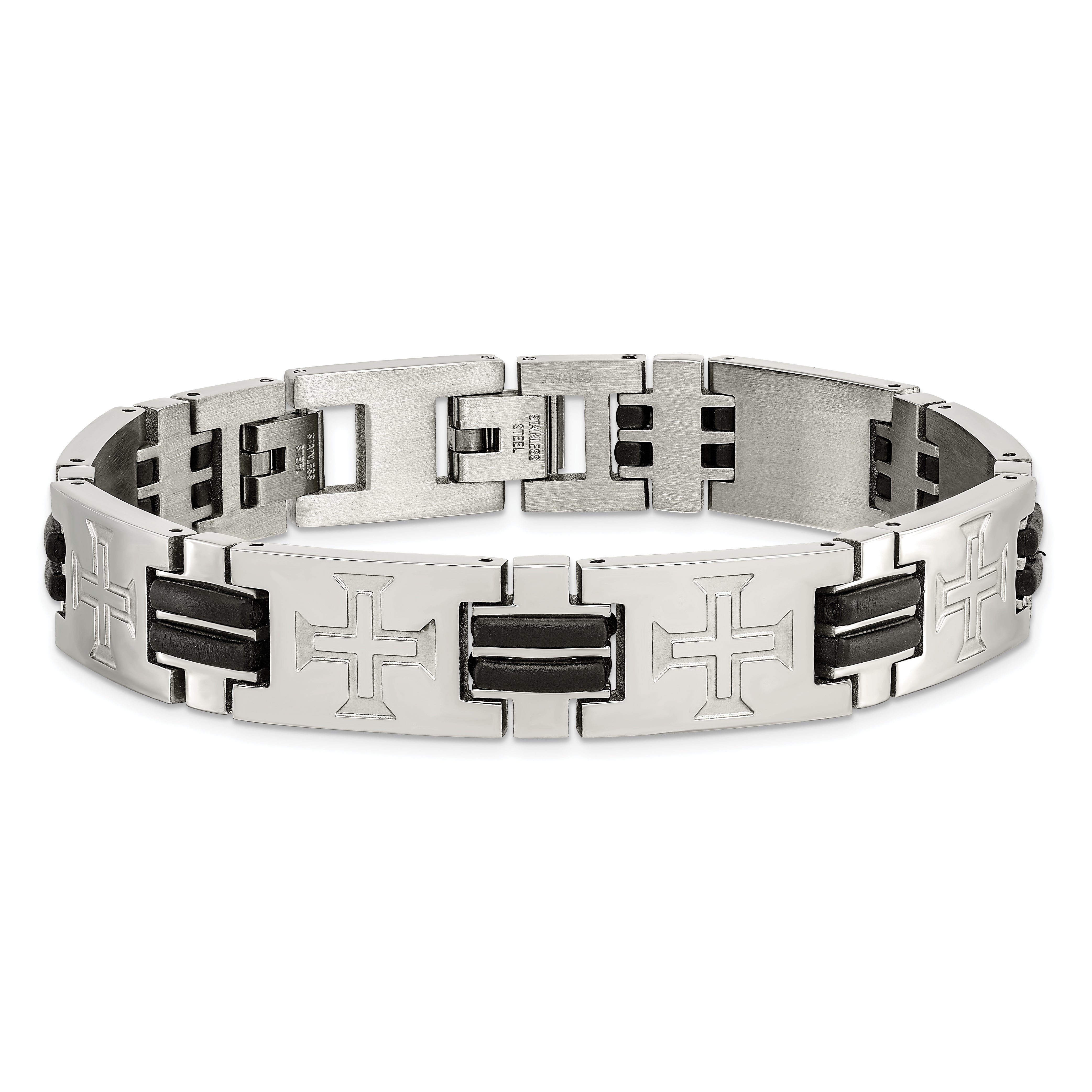 Stainless Steel Polished with Black Rubber Cross 8.5in w/ext. Bracelet