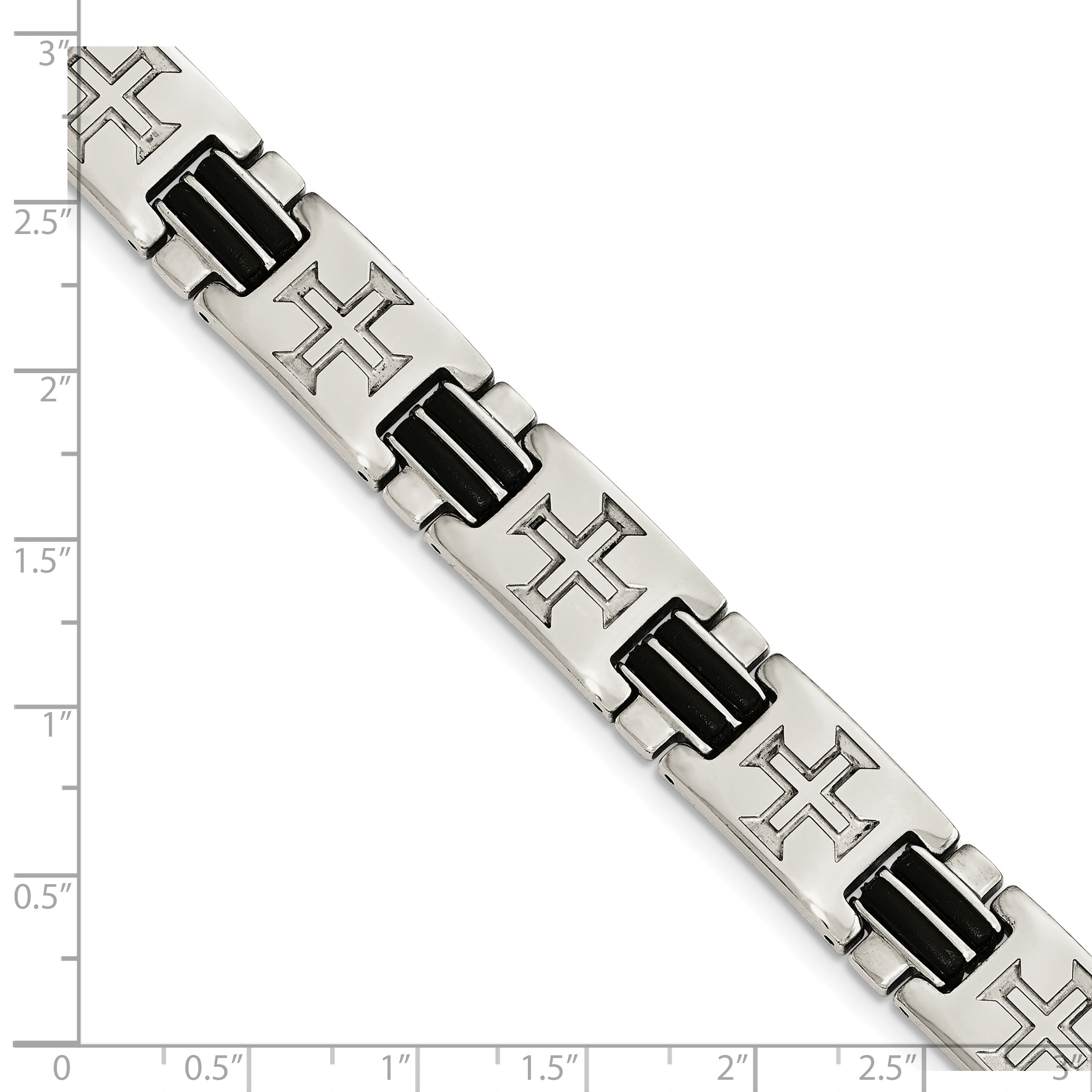 Stainless Steel Polished with Black Rubber Cross 8.5in w/ext. Bracelet