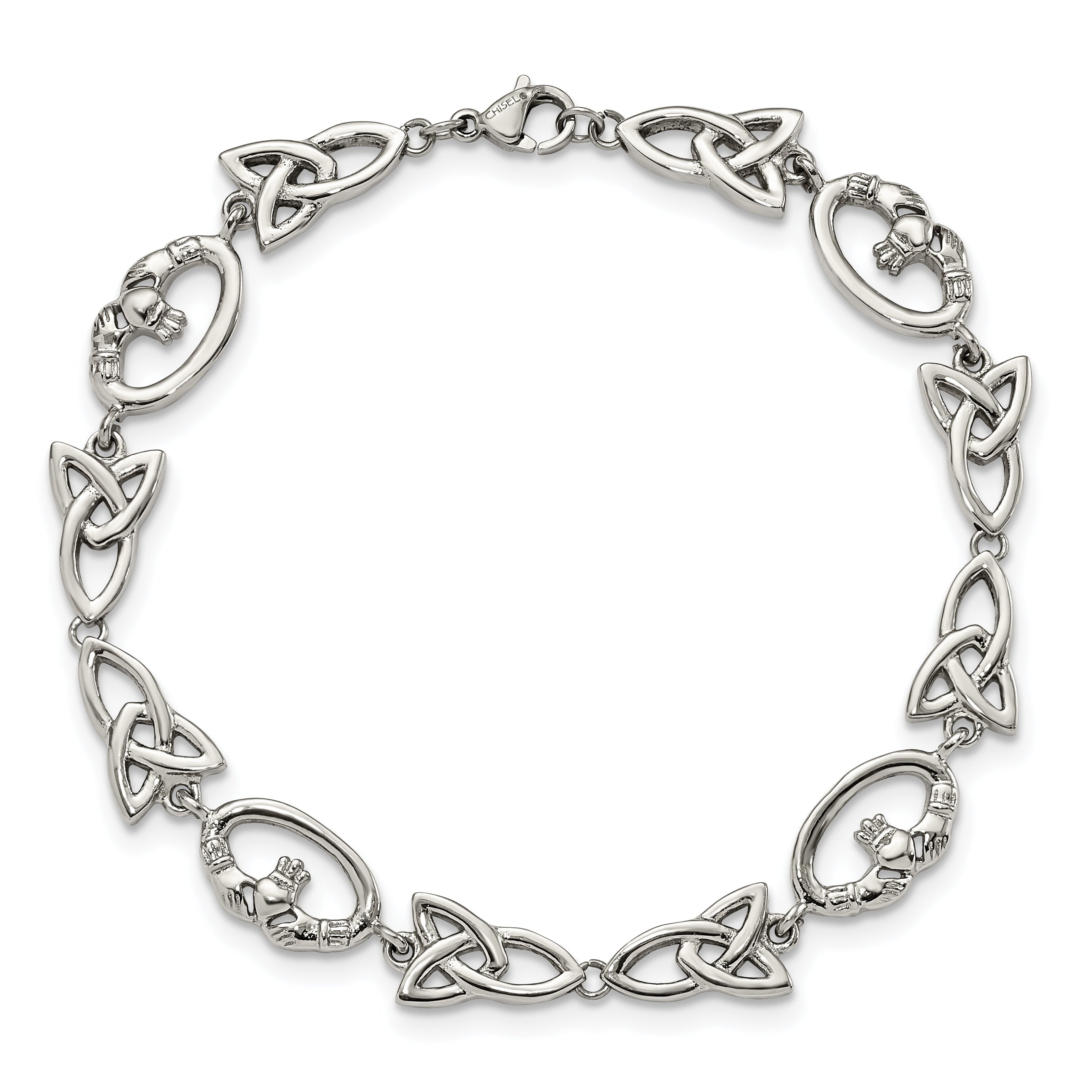 Chisel Stainless Steel Polished 7.75 inch Claddagh and Trinity Knot Bracelet