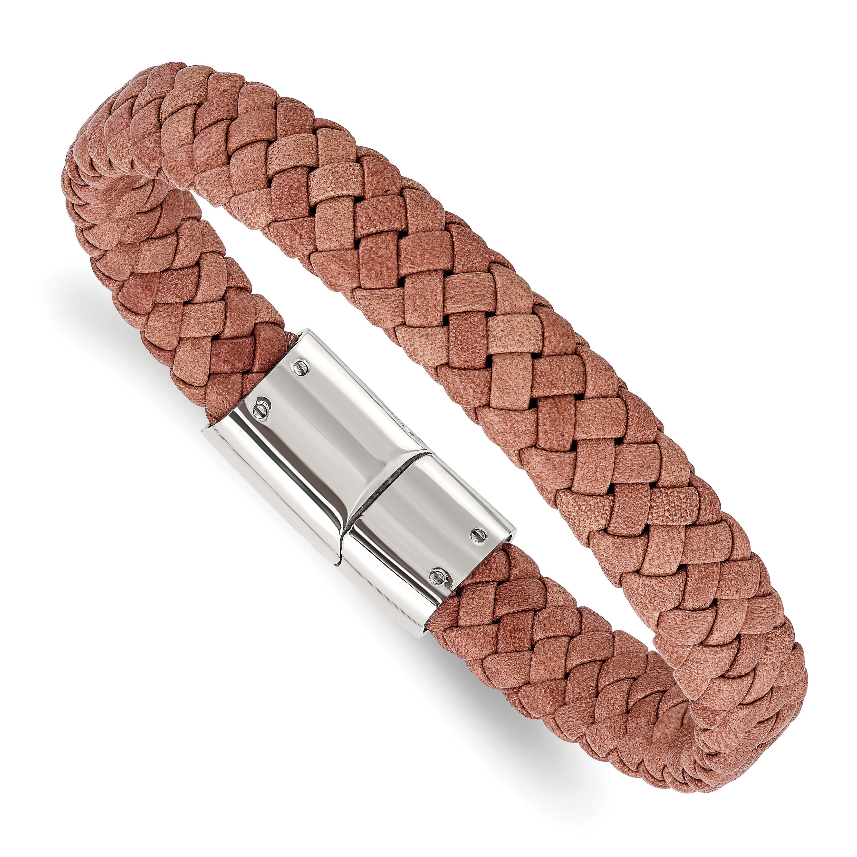 Chisel Stainless Steel Polished Light Brown Braided Leather 8.25 inch Bracelet