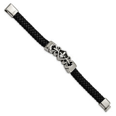 Chisel Stainless Steel Antiqued and Polished Fleur de Lis Black Braided Leather 8.25 inch Bracelet