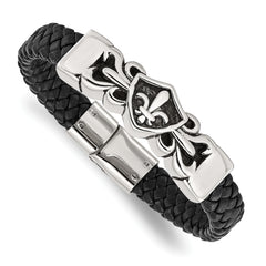 Chisel Stainless Steel Antiqued and Polished Fleur de Lis Black Braided Leather 8.25 inch Bracelet