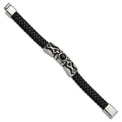 Chisel Stainless Steel Antiqued and Polished with Black Onyx Braided Black Leather 8.25 inch Bracelet